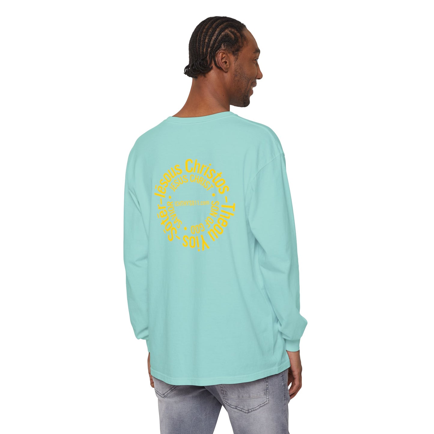 Authentic ICHTHYS 911 Collection -  Gold Font - Unisex Garment Dyed Long Sleeve T-Shirt - Men Long Sleeve - Women Long Sleeve - Christian Faith Symbol Tee - Faith Inspired