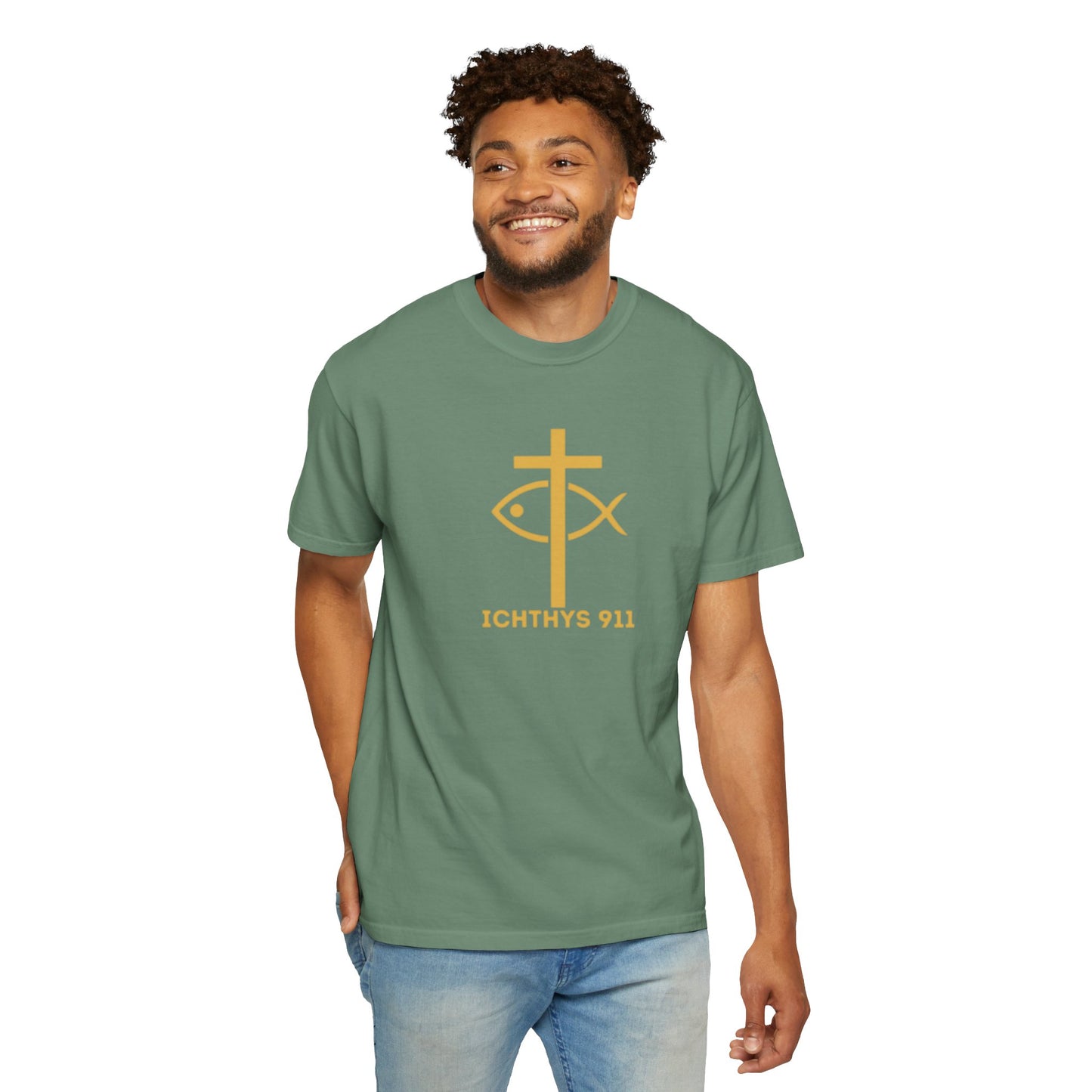 Iēsous Christos, Theou Yios, Sōtēr = Jesus Christ, Son of God, Savior - Gold Font - Unisex Garment Dyed T- Shirt - Men T-Shirt - Women T-Shirt - Christian Streetwear T-Shirt – Jesus Gym & Faith Fashion,ICHTHYS 911 -