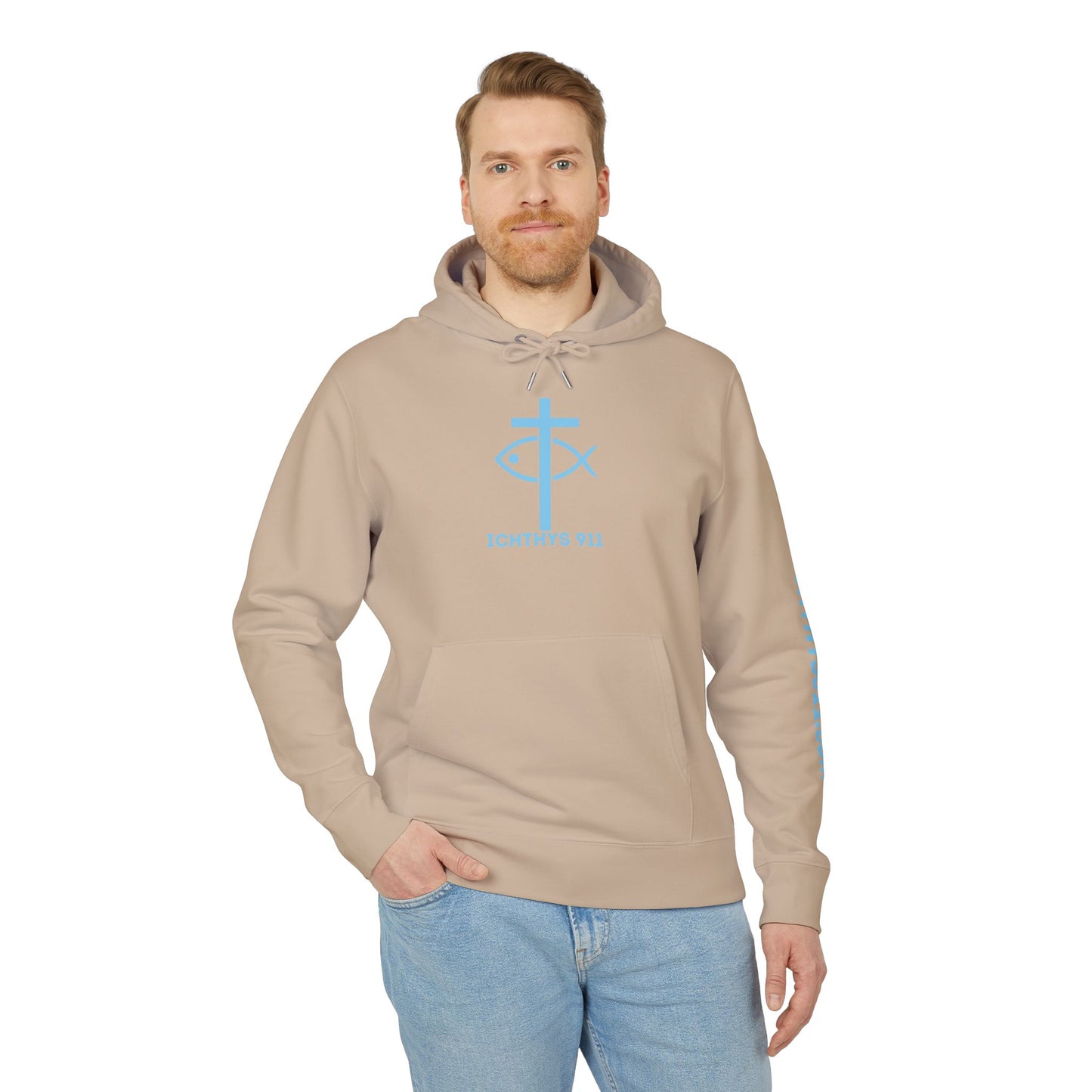 Iēsous Christos, Theou Yios, Sōtēr = Jesus Christ, Son of God, Savior - Unisex - Blue Font - Sweatshirt - ICHTHYS 911 - Hoodie -100% Organic- Heavy