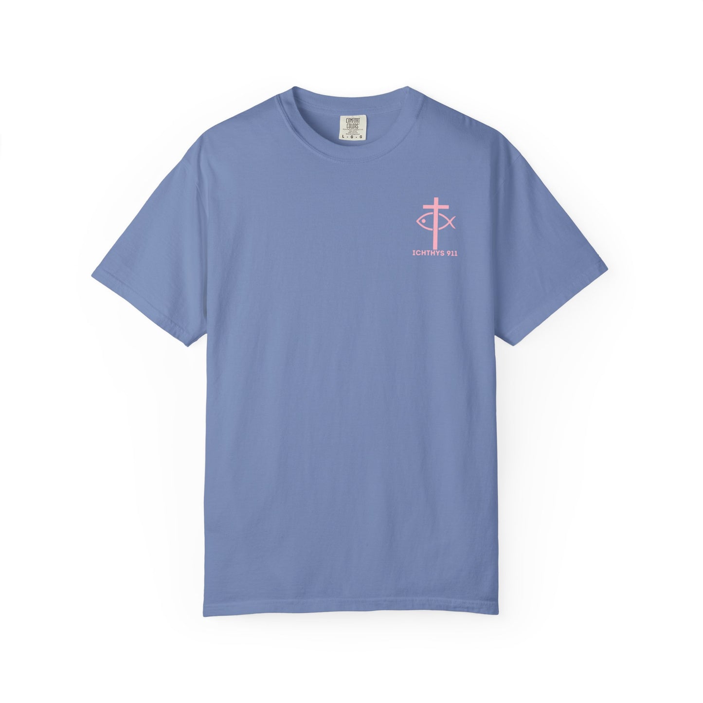 ICHTHYS 911 Pink Font "Badge Collection" - Unisex Garment Dyed T-Shirt 100% US Cotton - Christian Graphic Tee - Gym - T - Christian Faith - Jesus Wear - Women T-Shirt - Men T-Shirt - Garment Dyed