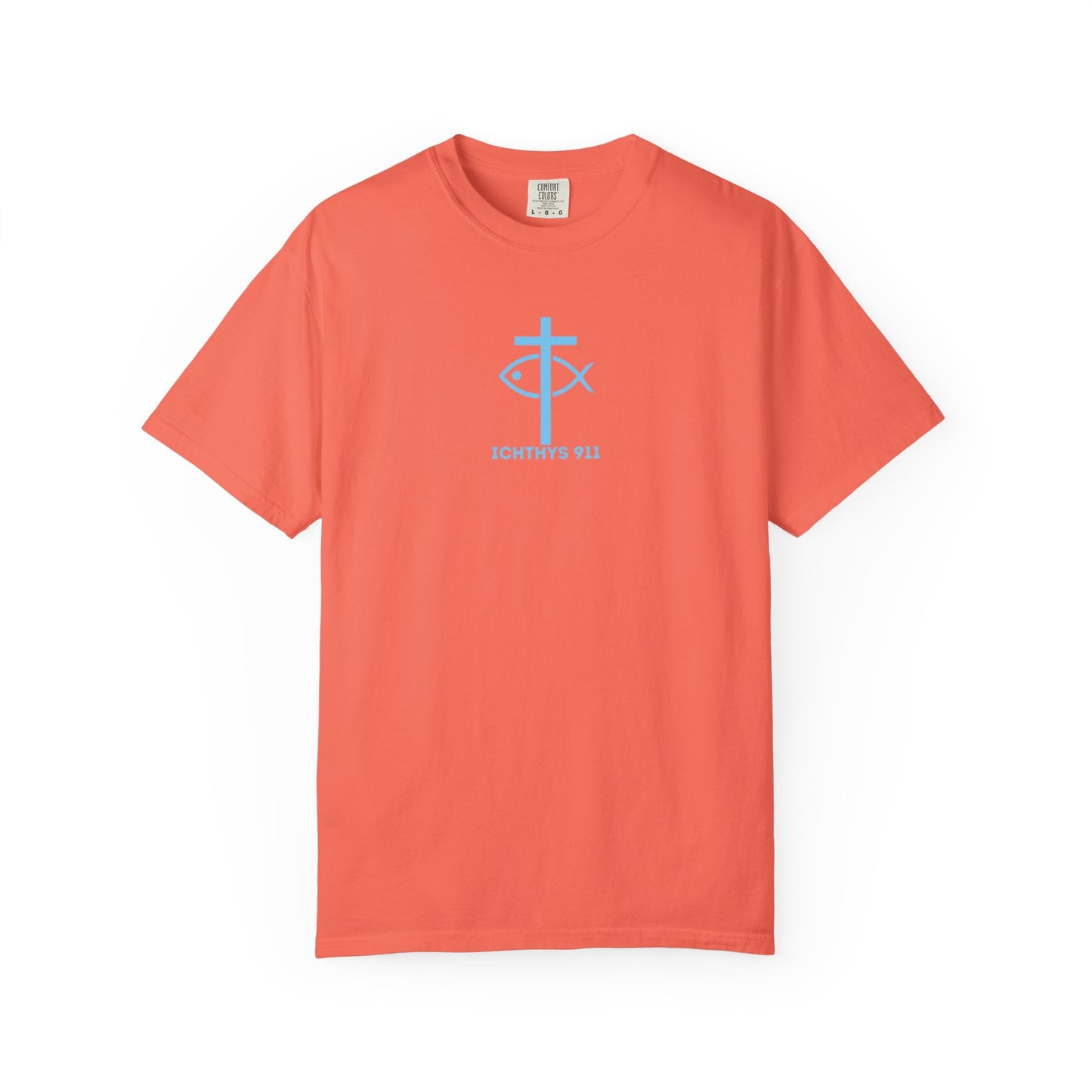 ICHTHYS 911 - "Jesus Christ Son of God Savior" Blue Font - Additional Colors - Christian Streetwear T-Shirt – Jesus Gym & Faith Fashion, Unisex Garment-Dyed T-Shirt Blue Font