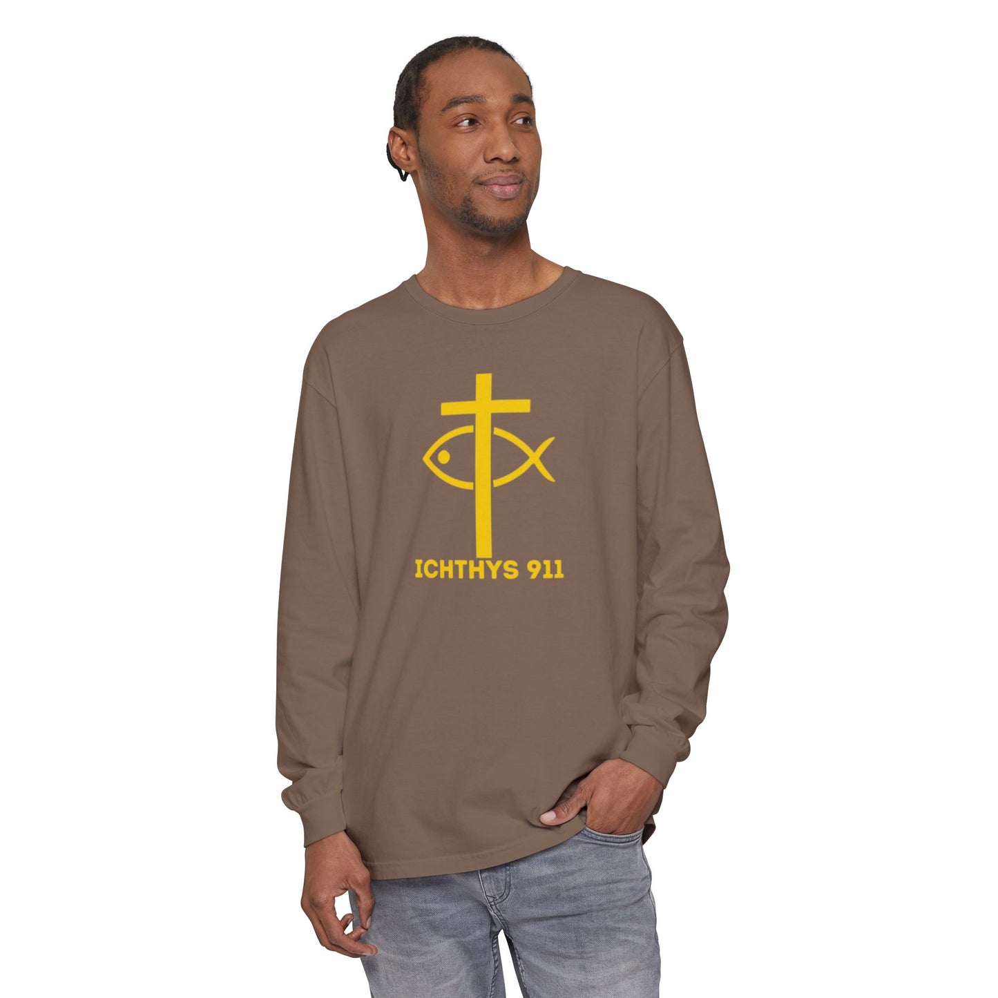Authentic ICHTHYS 911 Collection -  Gold Font - Unisex Garment Dyed Long Sleeve T-Shirt - Men Long Sleeve - Women Long Sleeve - Christian Faith Symbol Tee - Faith Inspired