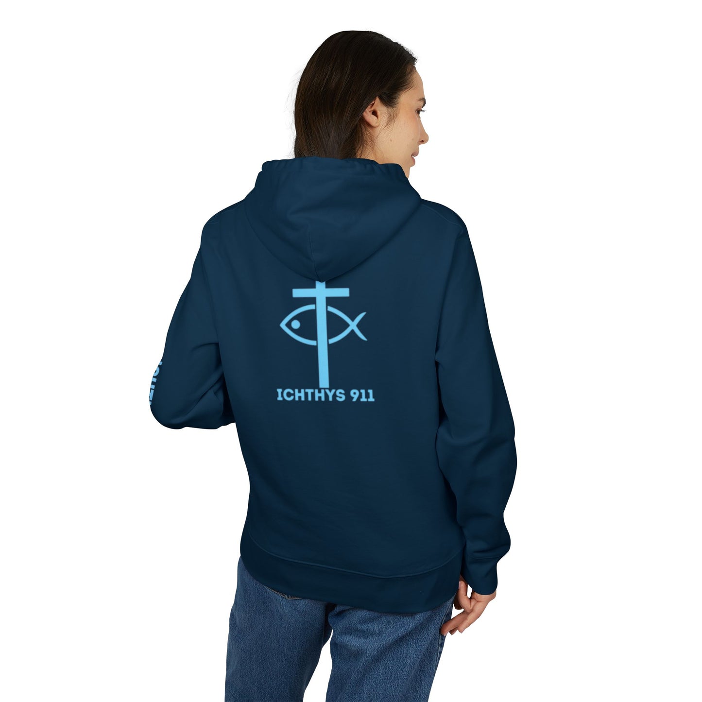 ICHTHYS 911 Hoodie - JESUS Fish - Blue Font - Faith Fashion - Unisex - Make Font Color Design requests -100% Organic -