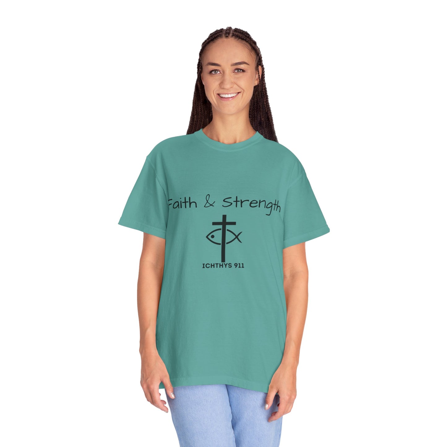 ICHTHYS 911 "Faith & Strength" Reverse - Black Font - Unisex Garment -Dyed Tee - 100% US Cotton - Men T-Shirt - Women T-Shirt - Inspirational Christian Shirt - Very Good Quality and Feel