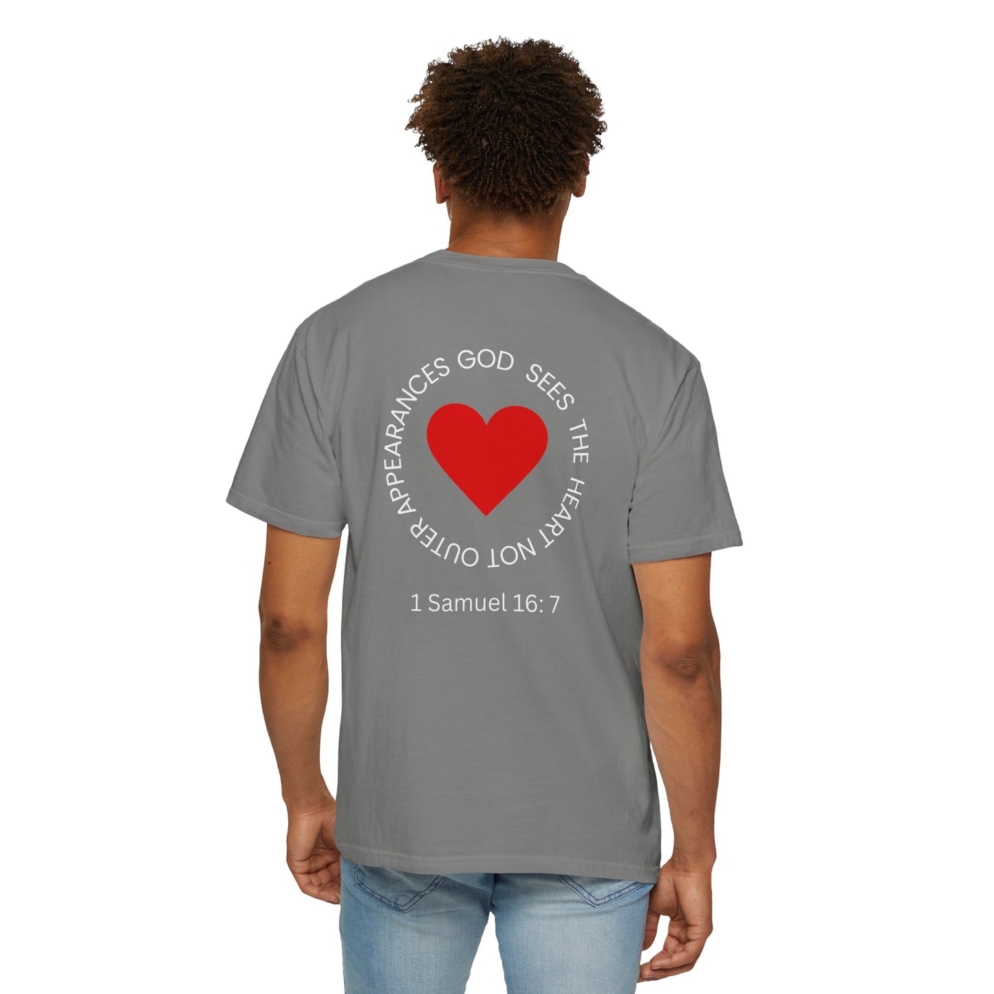ICHTHYS 911 -  "God Sees the Heart" - White Font - Unisex Garment - Dyed T-Shirt - Inspirational Graphic T-Shirt for Everyday Motivation - 100% US cotton