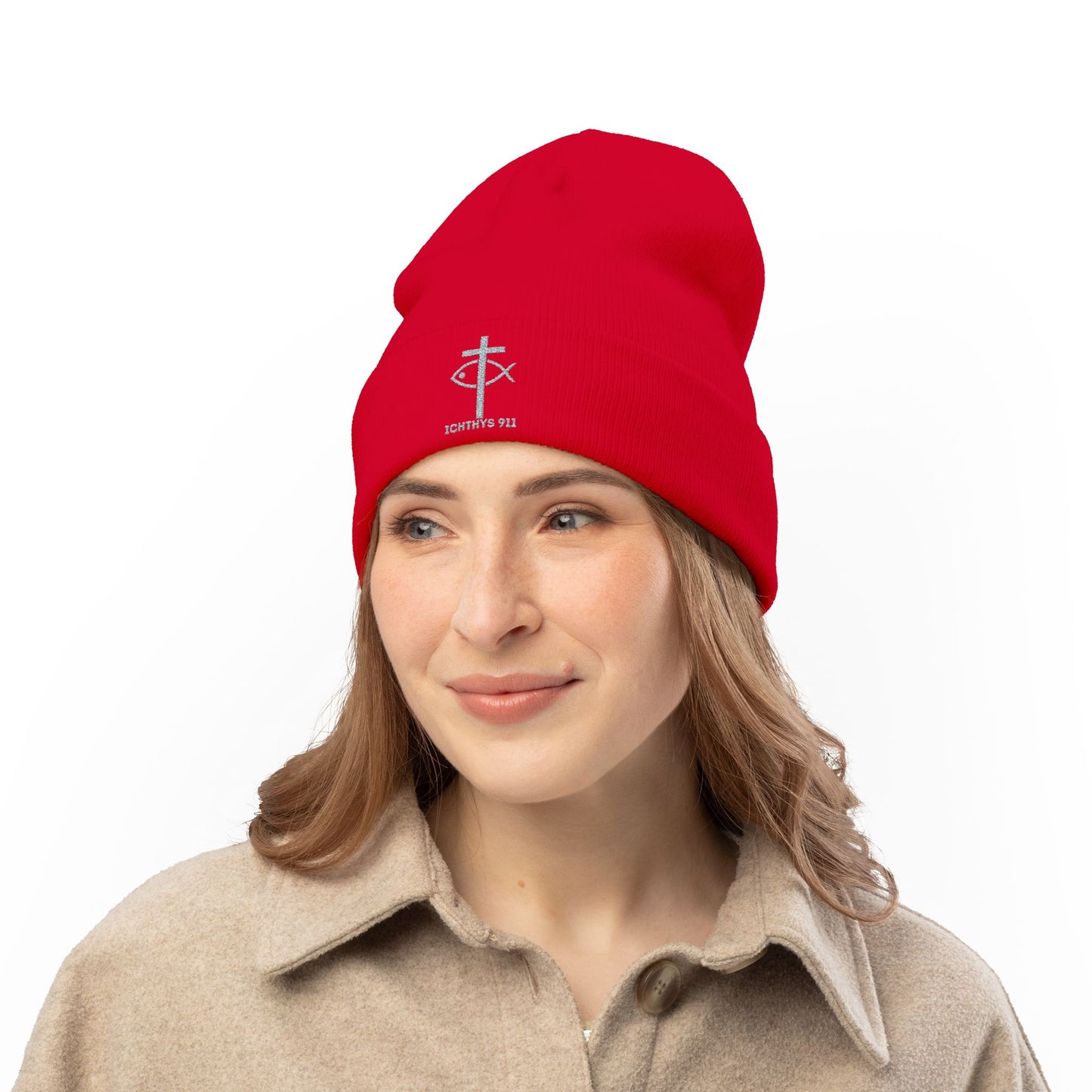 Chic and Cozy Knit Beanie with Custom Embroidery - Warm Winter Hat - Christian - Faith Based - ICHTHYS 911 Design