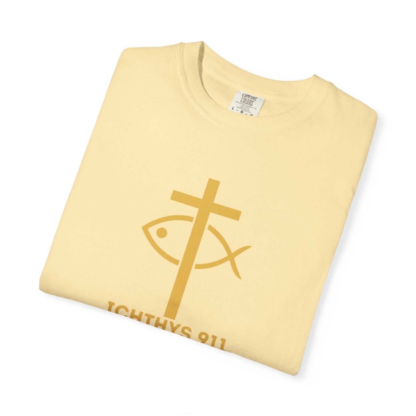 Iēsous Christos, Theou Yios, Sōtēr = Jesus Christ, Son of God, Savior - Gold Font - Unisex Garment Dyed T- Shirt - Men T-Shirt - Women T-Shirt - Christian Streetwear T-Shirt – Jesus Gym & Faith Fashion,ICHTHYS 911 -