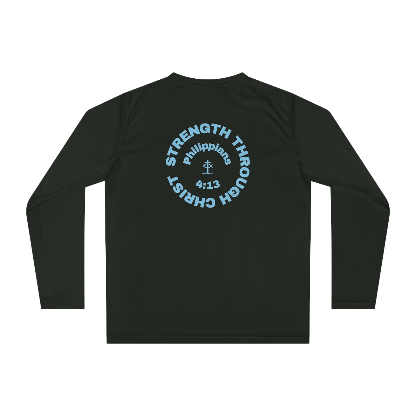 ICHTHYS 911 "Strength Through Christ Philippians 4:13" - Blue Font - Unisex Performance Long Sleeve Shirt - Men - Women - 100% Moisture-Wicking Poly - Christian Activewear