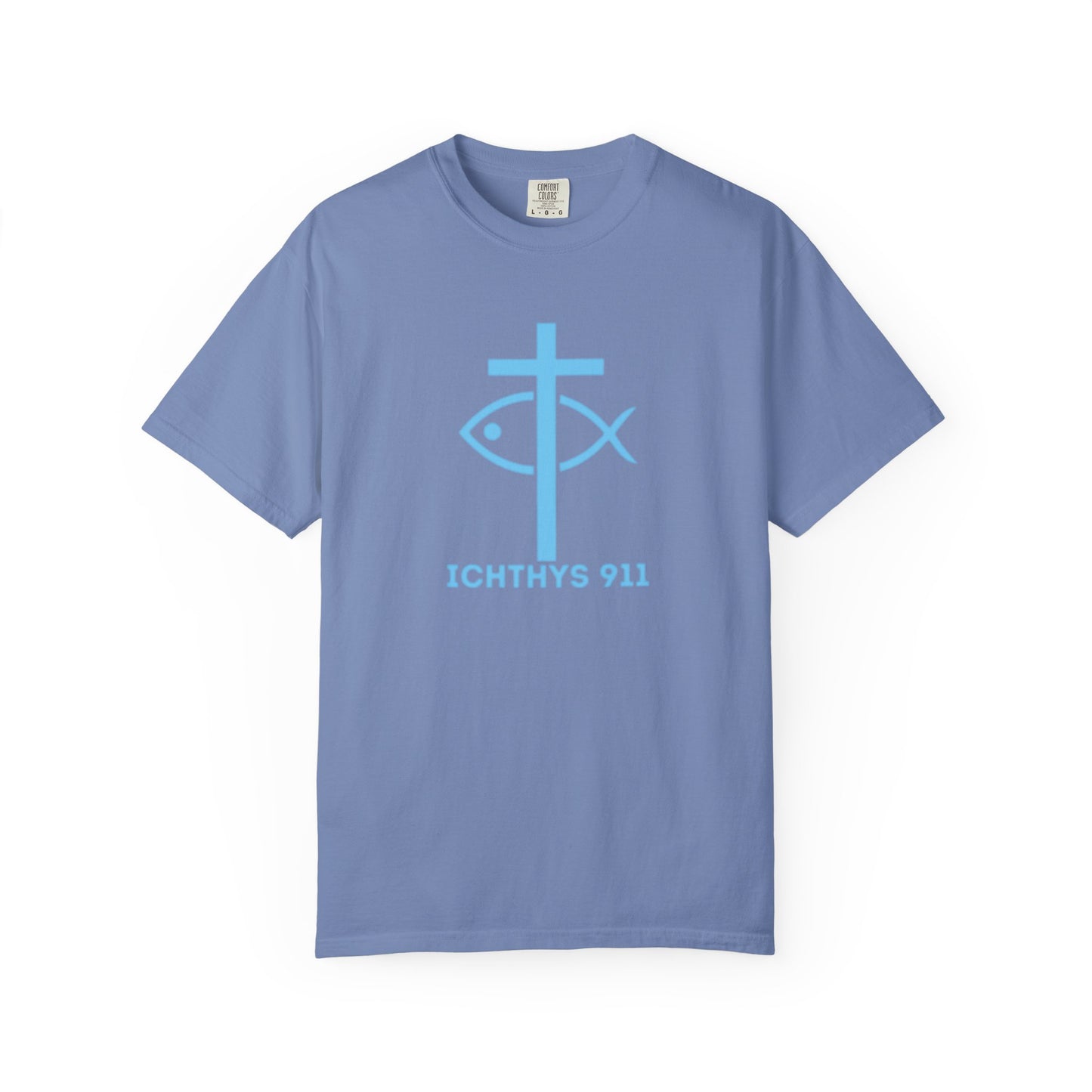 Jesus Christ Son of God Savior - Blue Font - Christian Streetwear T-Shirt – Jesus Gym & Faith Fashion, Unisex Garment-Dyed T-Shirt- ICHTHYS 911