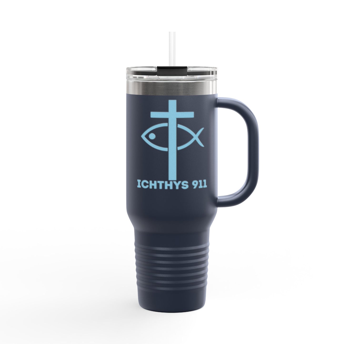 Faith-Inspired Insulated Travel Mug - 40oz with ICHTYS 911 Design