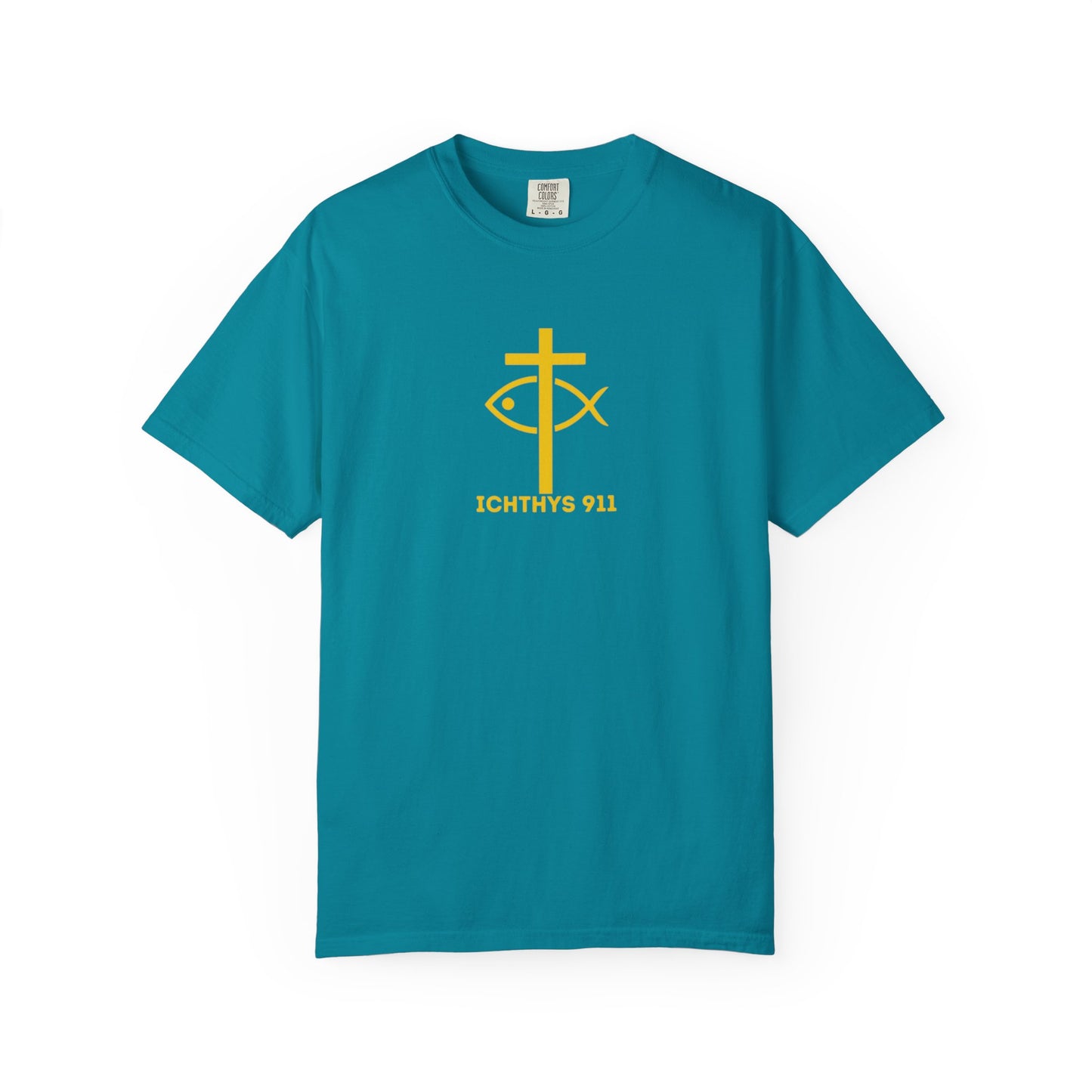 ICHTHYS 911 - "God Sees the Heart" Reverse' Gold Font - Unisex Garment - Dyed T-Shirt - 100% US Cotton - Men T-Shirt - Women T-Shirt - Inspirational Graphic T-Shirt for Everyday Motivation