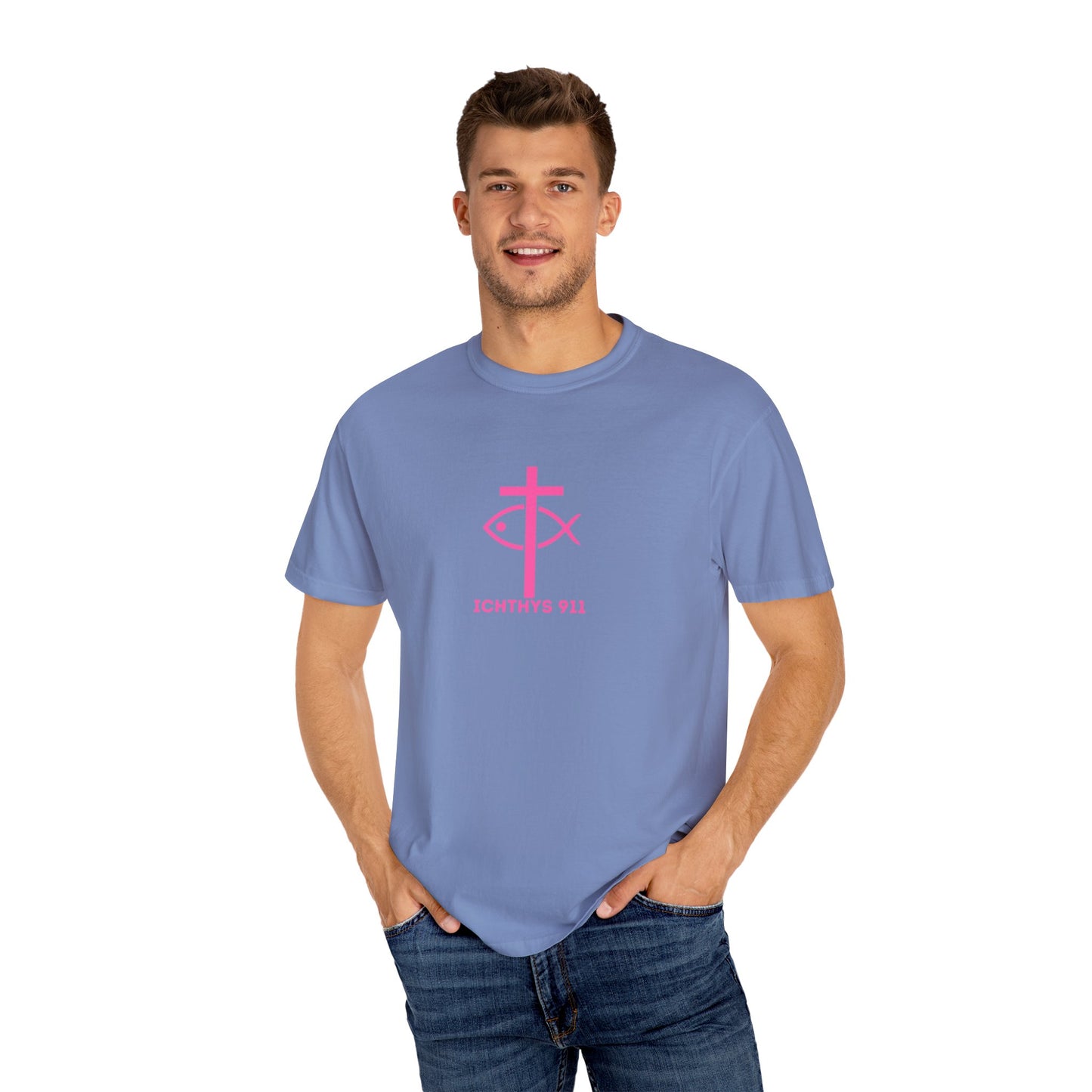 ICHTHYS 911 - "Authentic Design" - Pink Font - Unisex - Men T-Shirt - Women T-Shirt - Christian Streetwear T-Shirt – Jesus Gym & Faith Fashion, Unisex Garment-Dyed T-Shirt