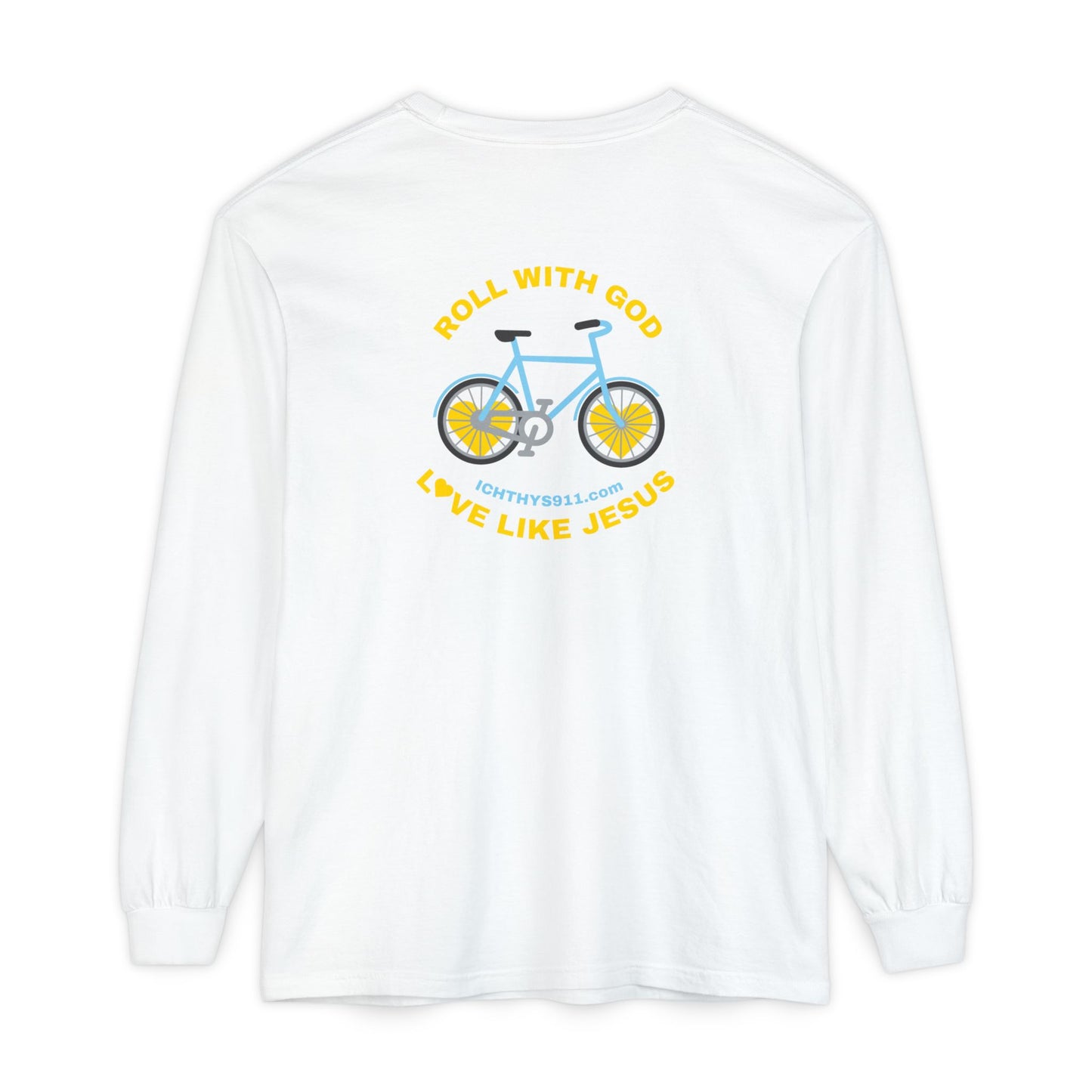 “Roll With God, Love Like Jesus” Bike Graphic -Unisex T- Shirt - Gold Font - Men T- Shirt - Women T-Shirt - Christian T-Shirt - ICHTHYS 911 - Soft - Garment-Dyed