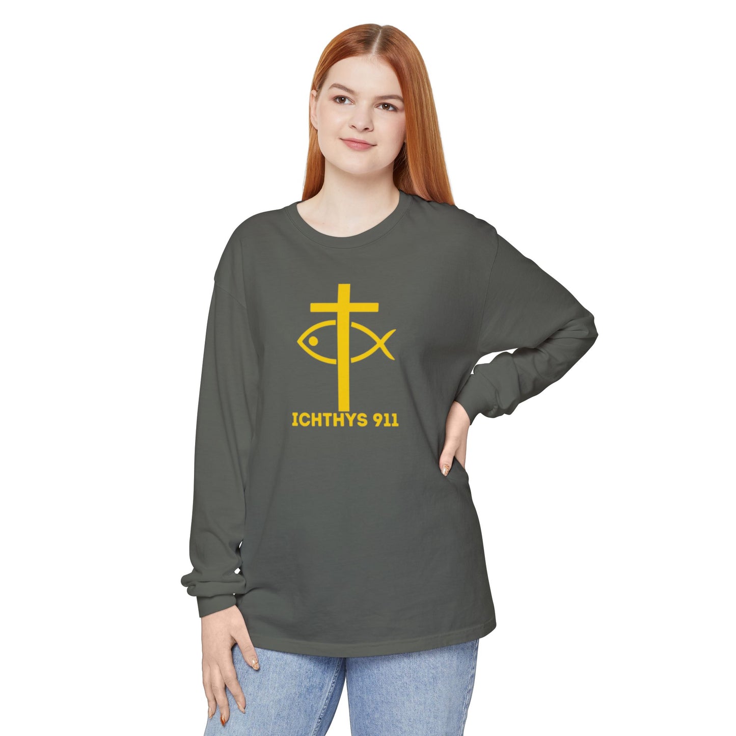 Authentic ICHTHYS 911 Collection -  Gold Font - Unisex Garment Dyed Long Sleeve T-Shirt - Men Long Sleeve - Women Long Sleeve - Christian Faith Symbol Tee - Faith Inspired