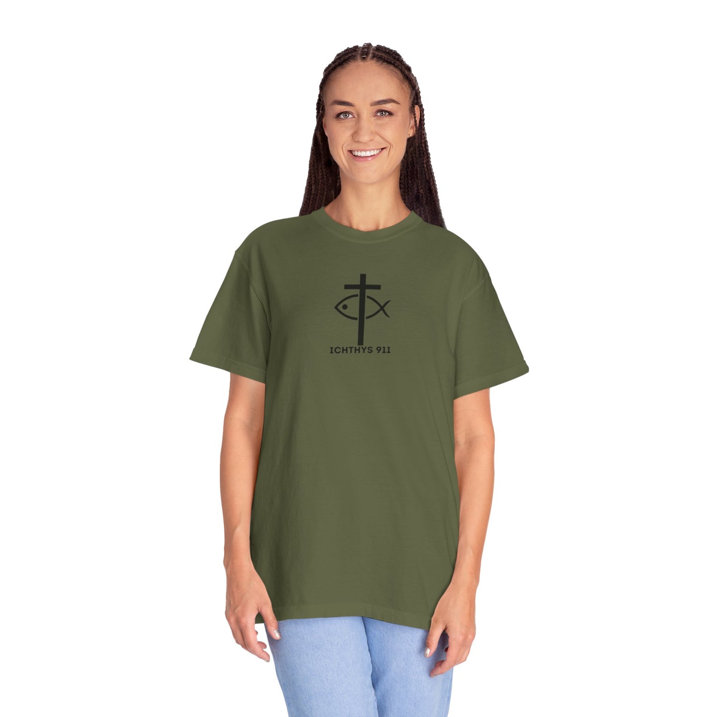 ICHTHYS 911 Black Font - "Run With Endurance Hebrews 12:1" - Unisex Garment Dyed T-Shirt -100% US Cotton - Men T-Shirt - Women T-Shirt - Bible Verse - Christian Faith - Christian Workout
