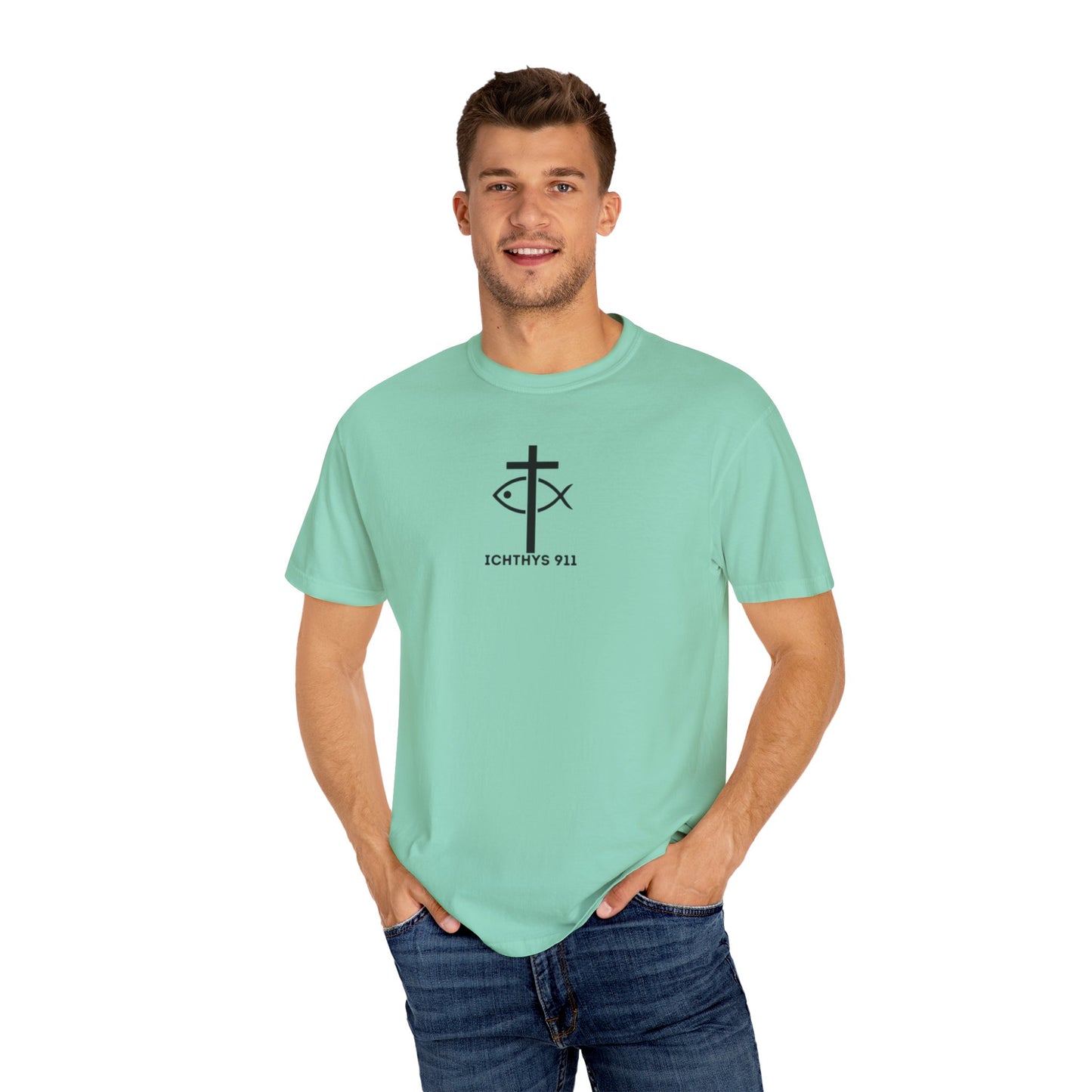 ICHTHYS 911 Black Font - "Run With Endurance Hebrews 12:1" - Unisex Garment Dyed T-Shirt -100% US Cotton - Men T-Shirt - Women T-Shirt - Bible Verse - Christian Faith - Christian Workout