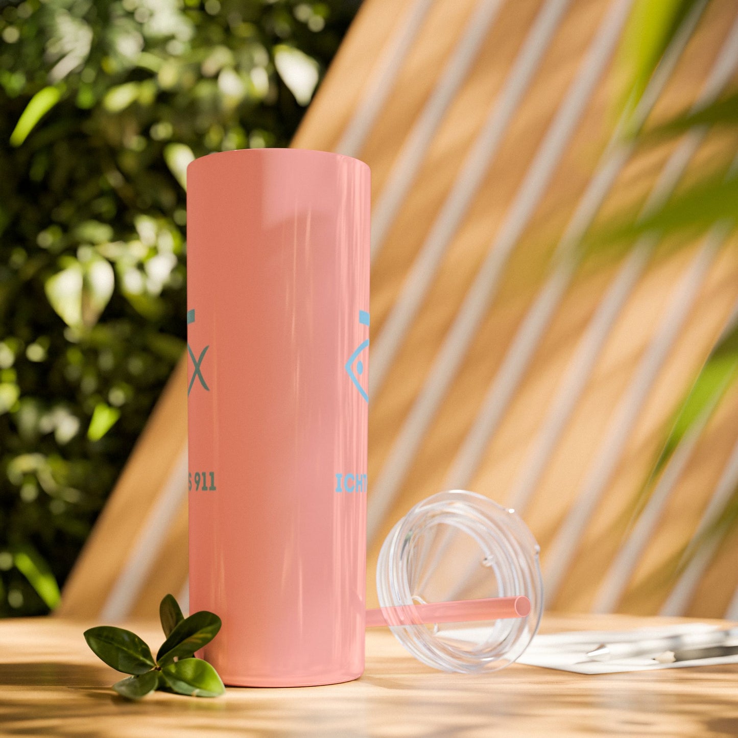 ICHTHYS 911 - Blue Font - Faith-Inspired Skinny Tumbler with Straw - 20oz Baby Shower Drip