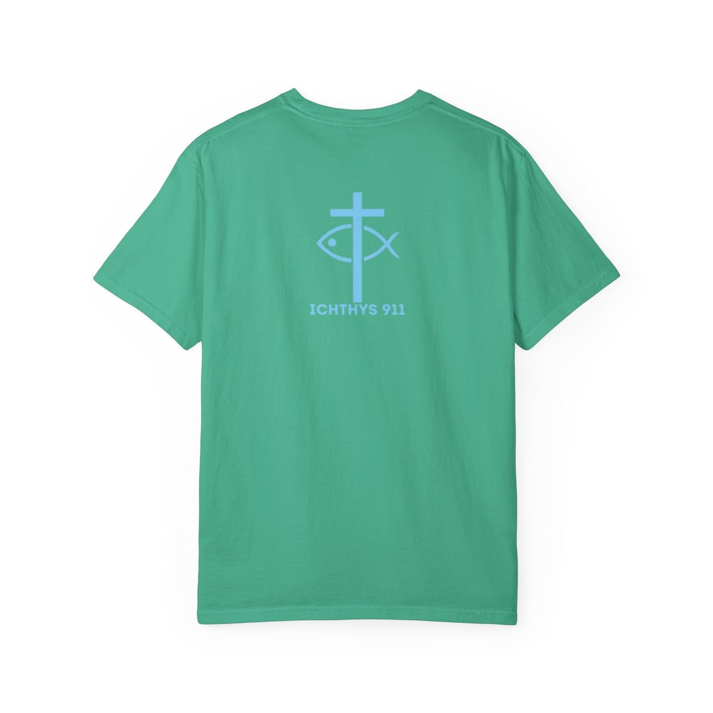 ICHTHYS 911 Blue & Black Font "Iēsous Christos, Theou Yios, Sōtēr" - Collection - Reverse Design - Unisex Garment Dyed - 100% US Cotton - Christian Graphic Tee - Gym - T - Christian Faith - Jesus Wear - Women T-Shirt - Men T-Shirt