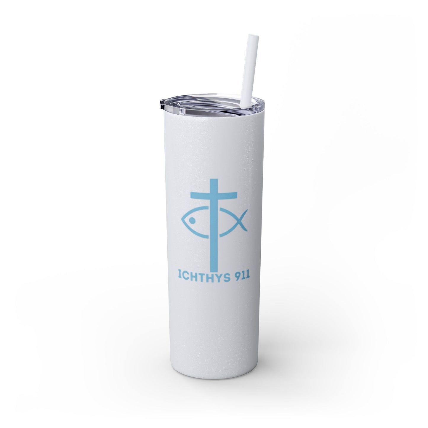 ICHTHYS 911 Pink & Blue Faith-Inspired Skinny Tumbler with Straw - 20oz Baby Shower Drip - Party Favor