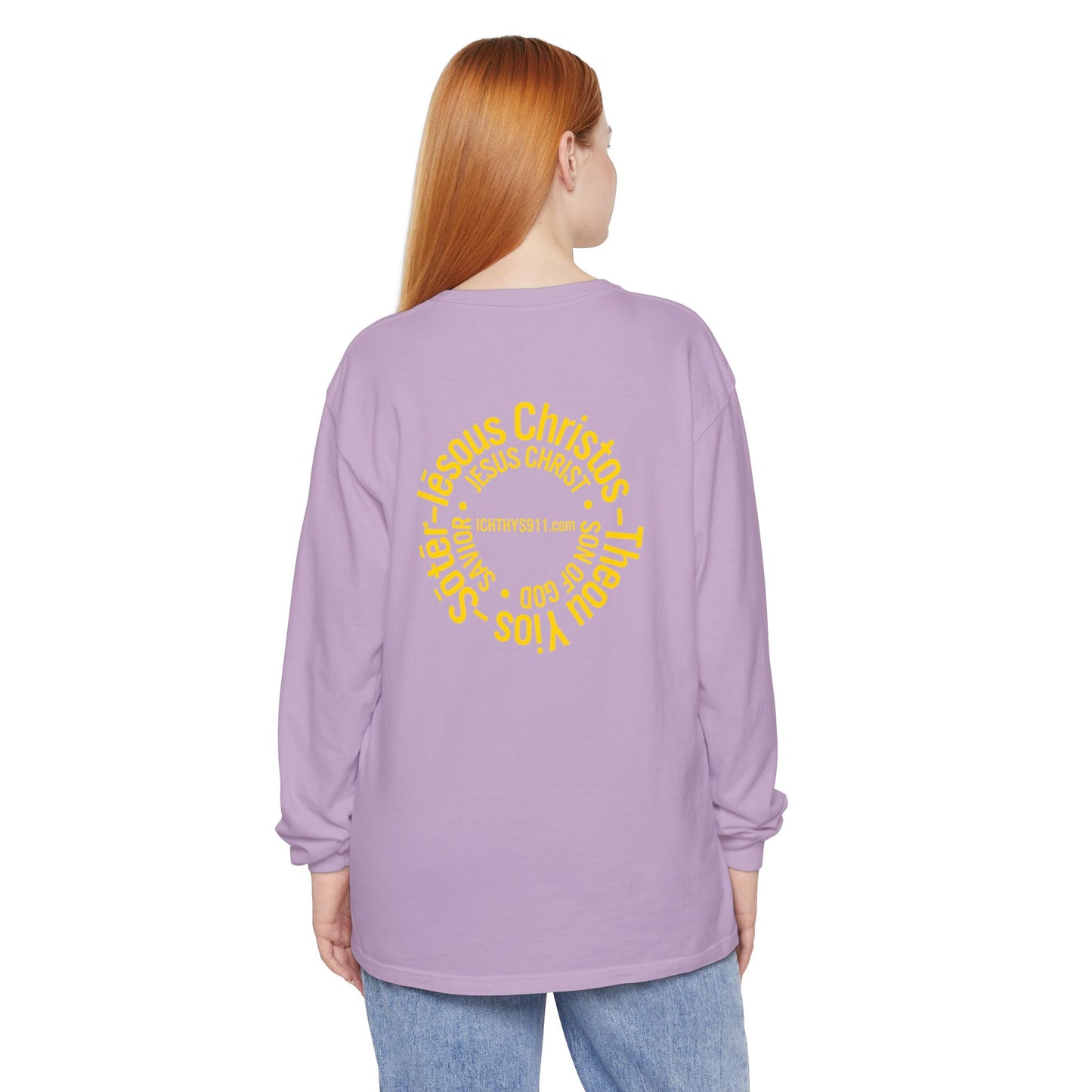 Authentic ICHTHYS 911 Collection -  Gold Font - Unisex Garment Dyed Long Sleeve T-Shirt - Men Long Sleeve - Women Long Sleeve - Christian Faith Symbol Tee - Faith Inspired