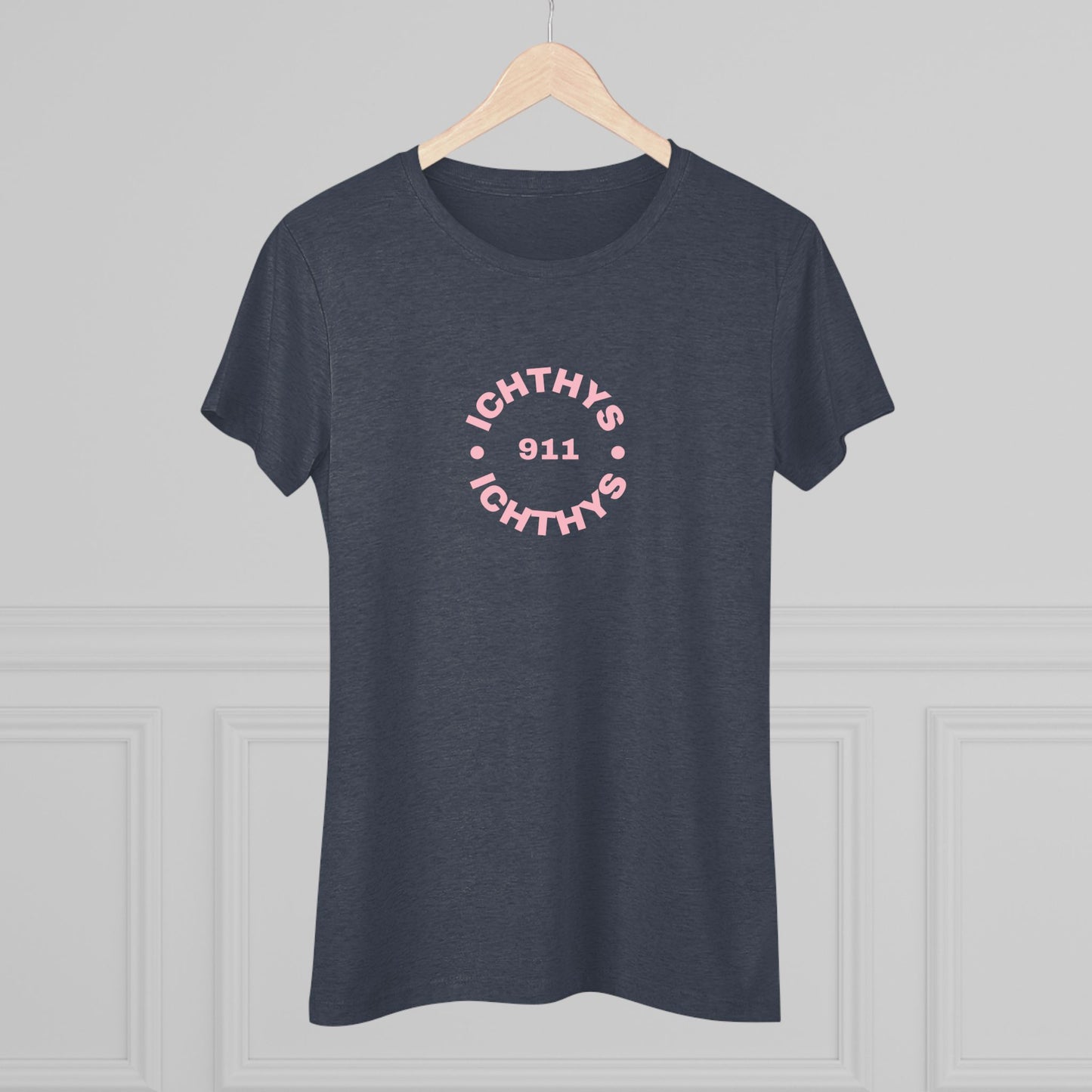 ICHTHYS 911 "IC Round Collection" Pink Font - Reverse Design - Inspirational Women's Triblend Tee - Women T-Shirt - 50% polyester, 25% cotton, 25% ryaon
