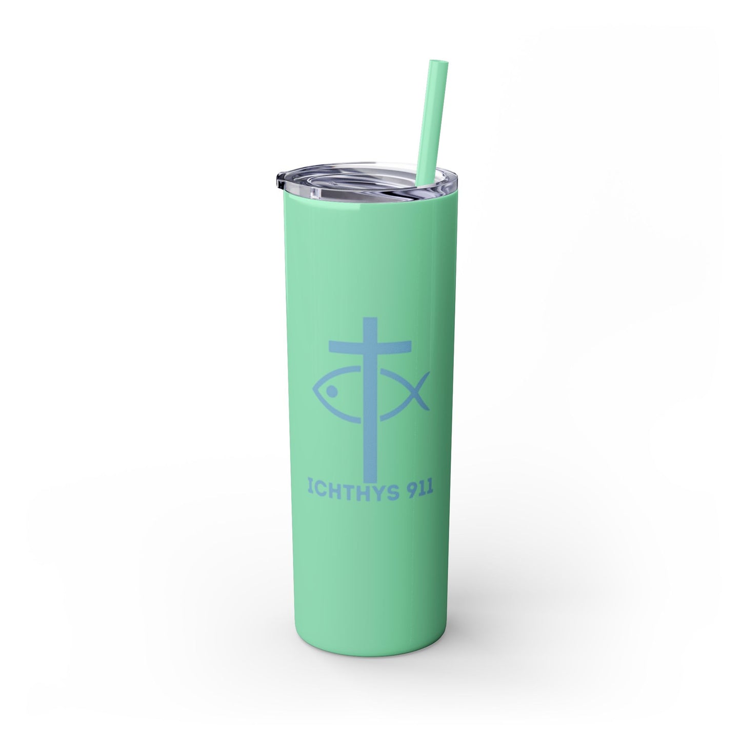 ICHTHYS 911 - Blue Font - Faith-Inspired Skinny Tumbler with Straw - 20oz Baby Shower Drip