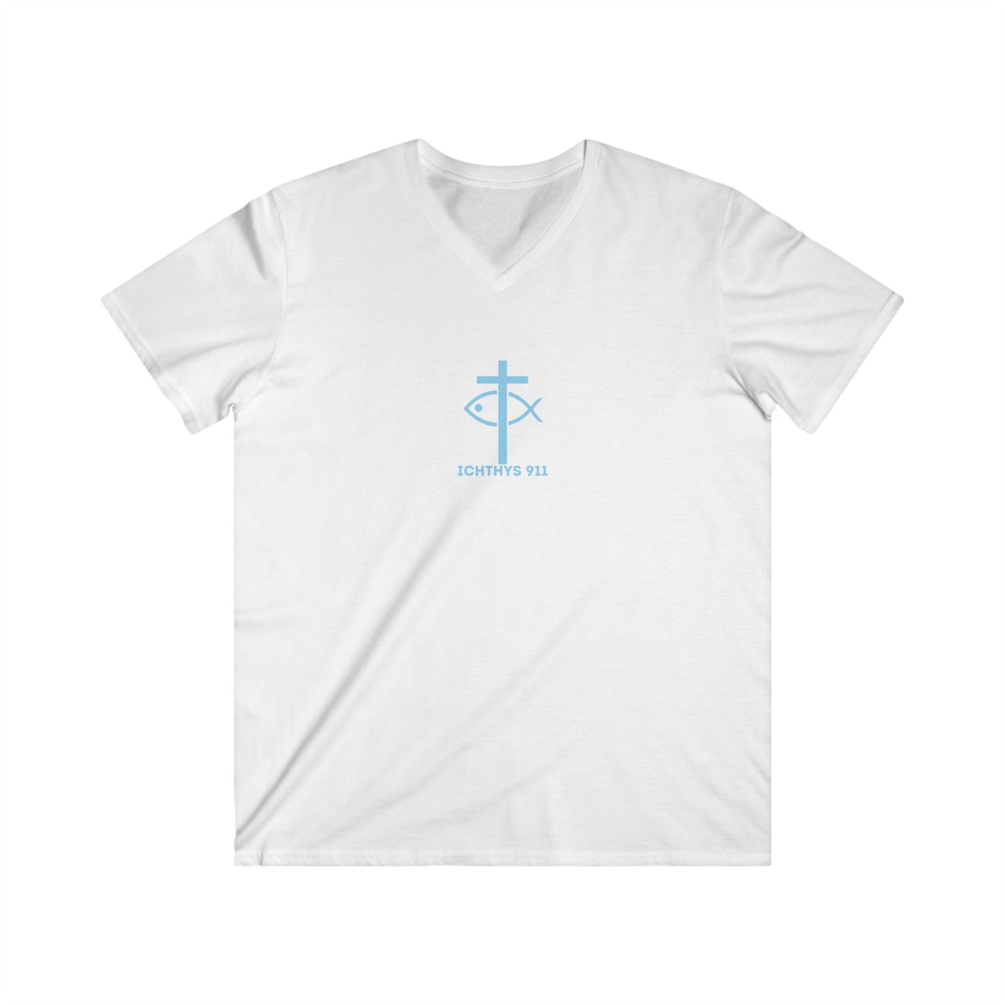 ICHTHYS 911 - Blue Font - "IC Round" - Men's Fitted V-Neck Tee - Casual Comfort for Everyday Wear - Casual T-Shirt - Soft Shirt - Faith Wear