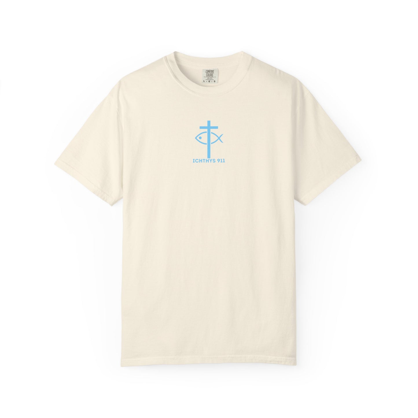 ICHTHYS 911 - "ICHTHYS Round" Blue Font  - Christian Streetwear T-Shirt  – Unisex Garment-Dyed T-Shirt - Men T-Shirt - Women T-Shirt - Jesus Gym & Faith Fashion,