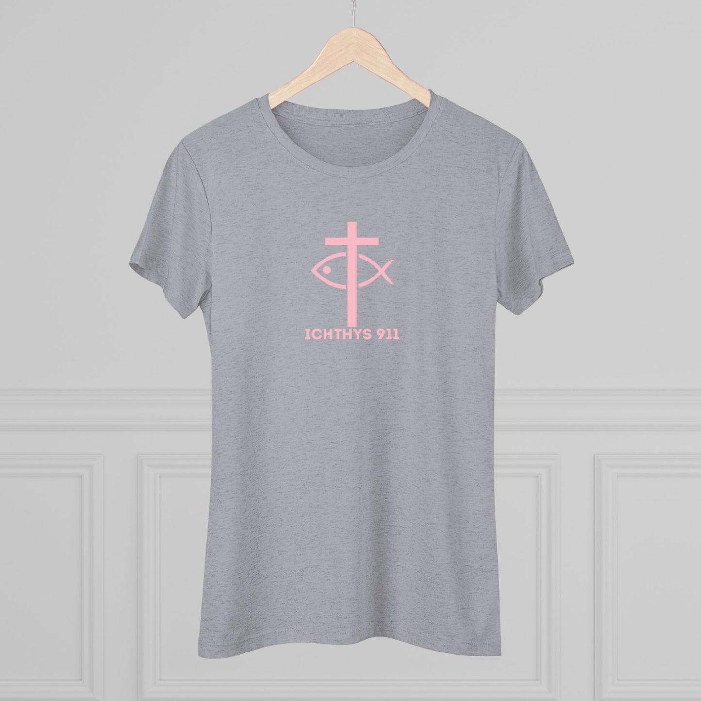 ICHTHYS 911 "Faith Hope Love Collection" Pink Font - Inspirational Women's Triblend Tee - Women T-Shirt - 50% polyester, 25% cotton, 25% rayon