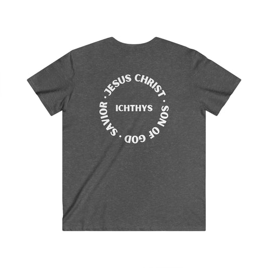 ICHTHYS 911 - Jesus Christ - Son of God - Savior Collection - Reverse Logo - Men's Fitted V-Neck Short Sleeve T - Shirt - Faith-Inspired - Christian Faith - White Font