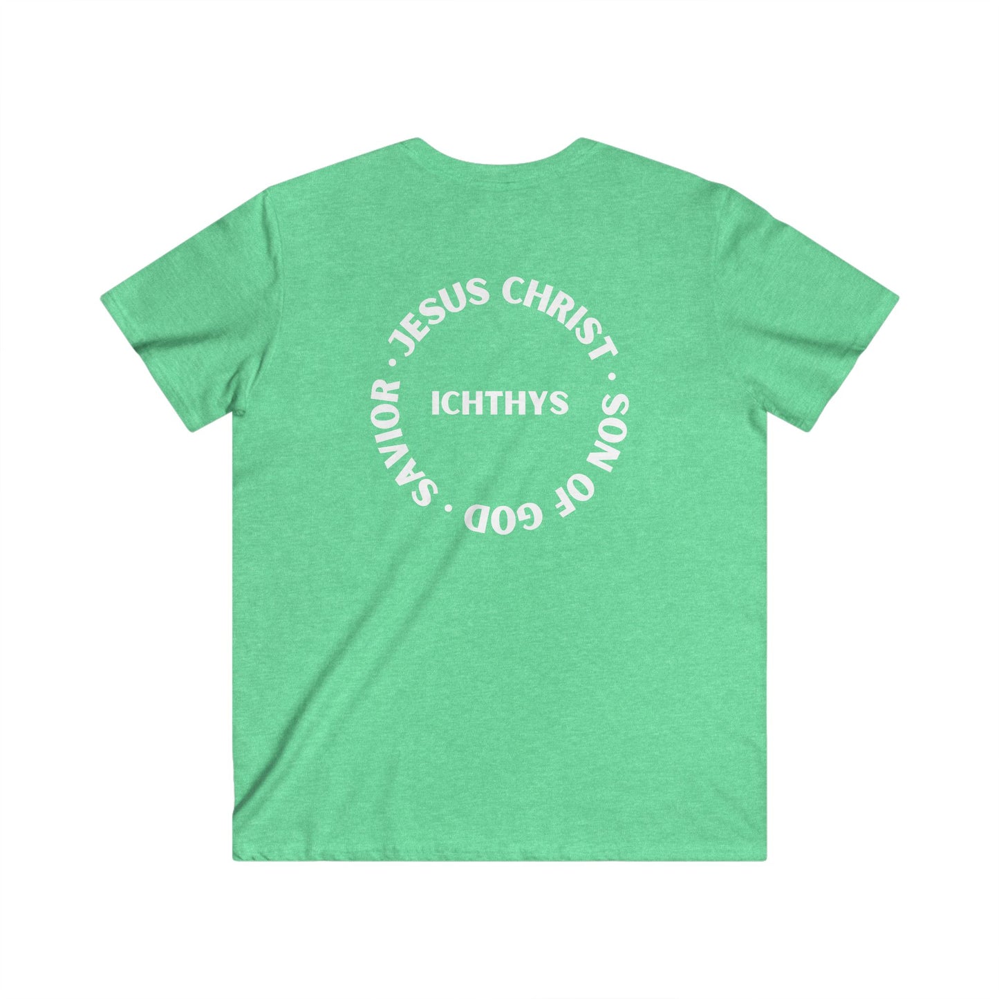 ICHTHYS 911 - Jesus Christ - Son of God - Savior Collection - Reverse Logo - Men's Fitted V-Neck Short Sleeve T - Shirt - Faith-Inspired - Christian Faith - White Font