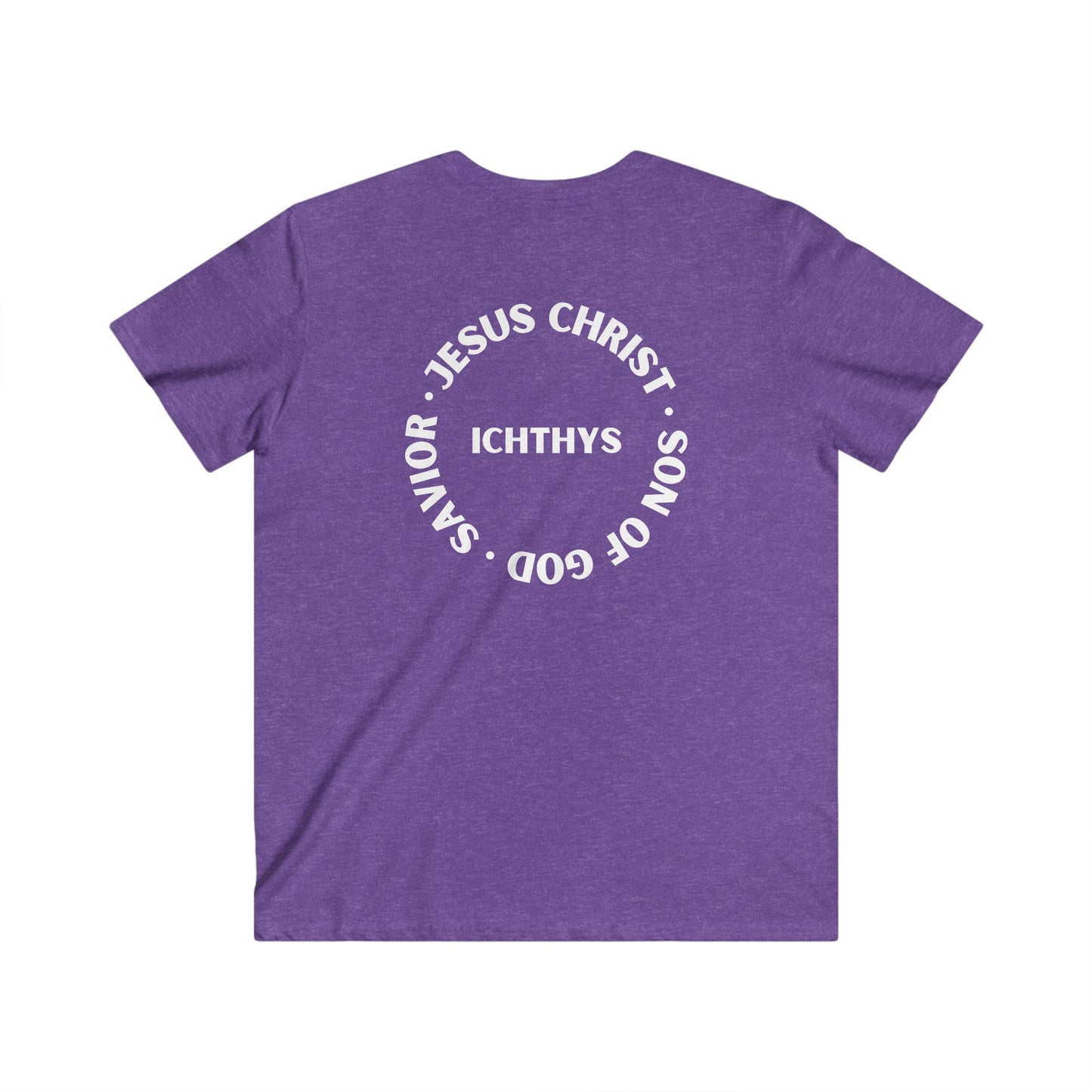 ICHTHYS 911 - Jesus Christ - Son of God - Savior Collection - Reverse Logo - Men's Fitted V-Neck Short Sleeve T - Shirt - Faith-Inspired - Christian Faith - White Font