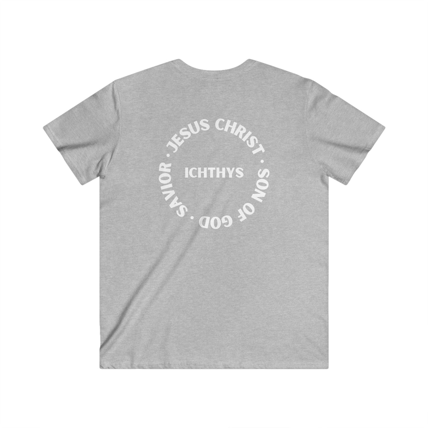ICHTHYS 911 - Jesus Christ - Son of God - Savior Collection - Reverse Logo - Men's Fitted V-Neck Short Sleeve T - Shirt - Faith-Inspired - Christian Faith - White Font