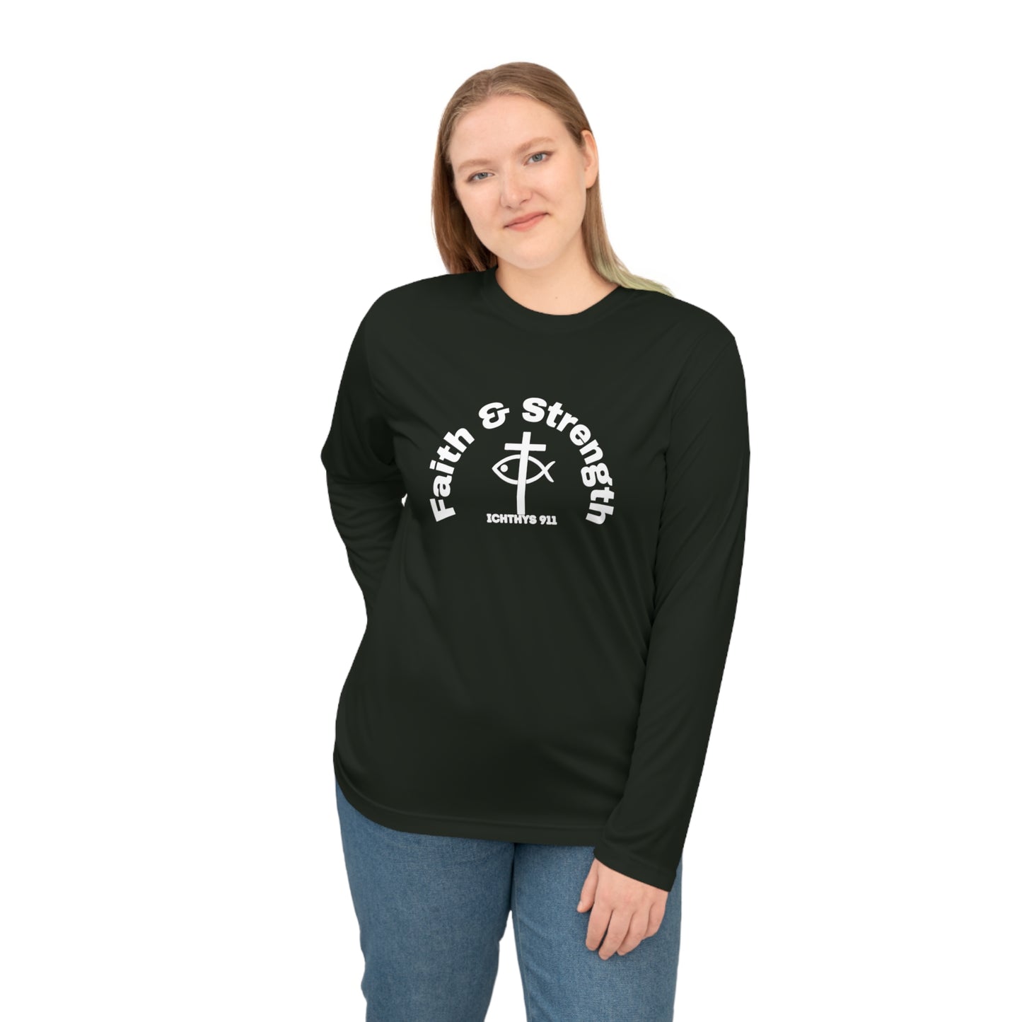 ICHTHYS 911 "Faith & Strength" Black Font Reverse Design - Unisex Performance Long Sleeve Shirt - Christian Activewear - Men - Women -100% Moisture-Wicking Poly