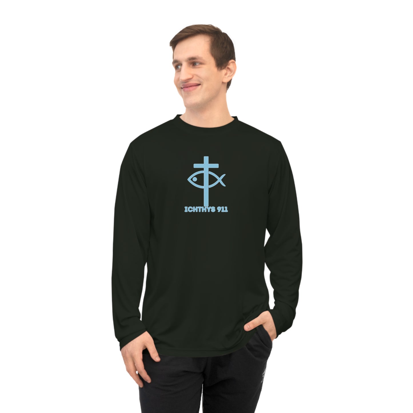 ICHTHYS 911 - Blue Font "13th Disciple" Unisex Performance Long Sleeve Shirt - 100% Moisture-Wicking Polyester - Men - Women - Christian Activewear Blue Font
