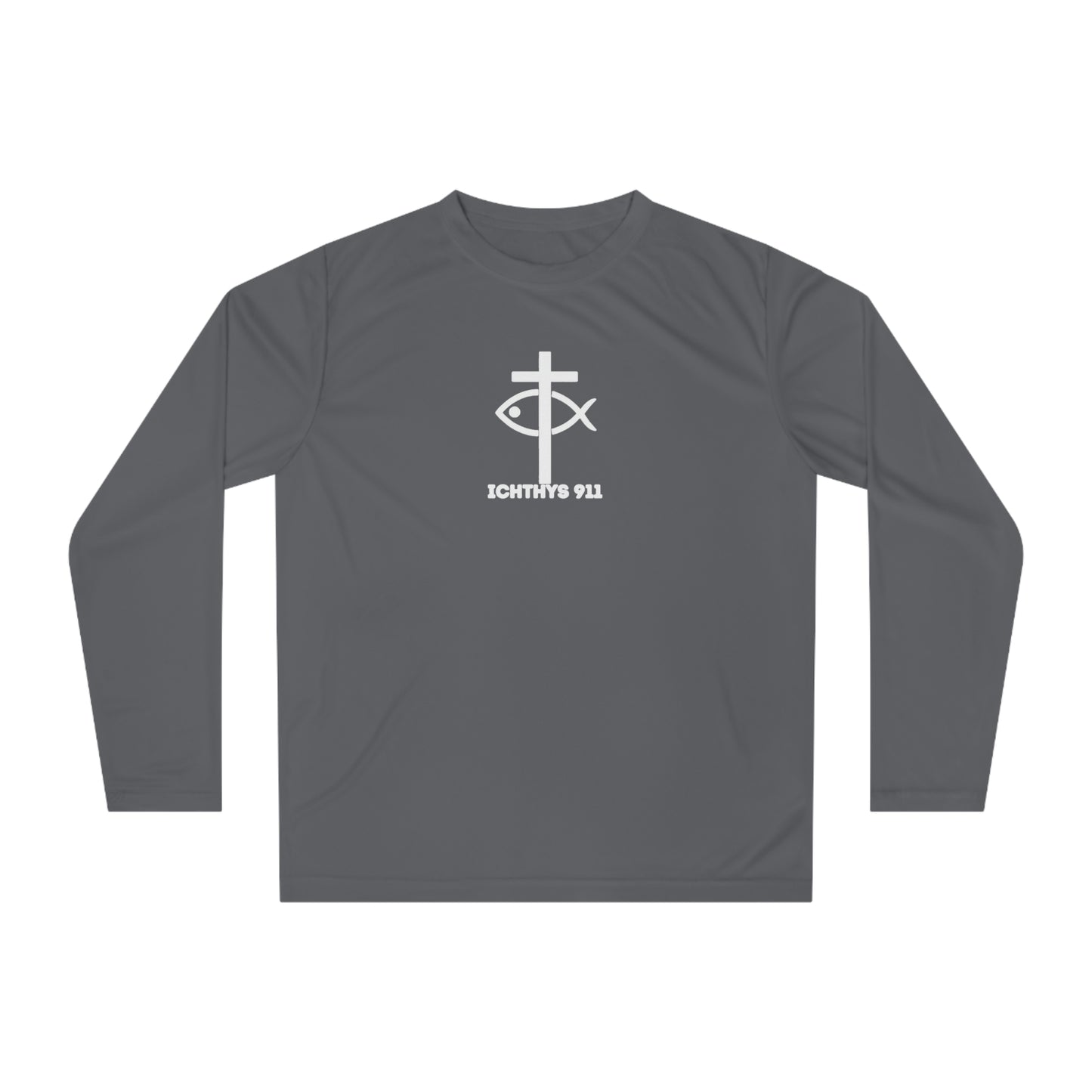 ICHTHYS 911 "Rise & Conquer Romans 8:38"  White Font - Unisex Performance Long Sleeve Shirt - Men - Women - 100% Moisture-Wicking Poly - Christian Activewear