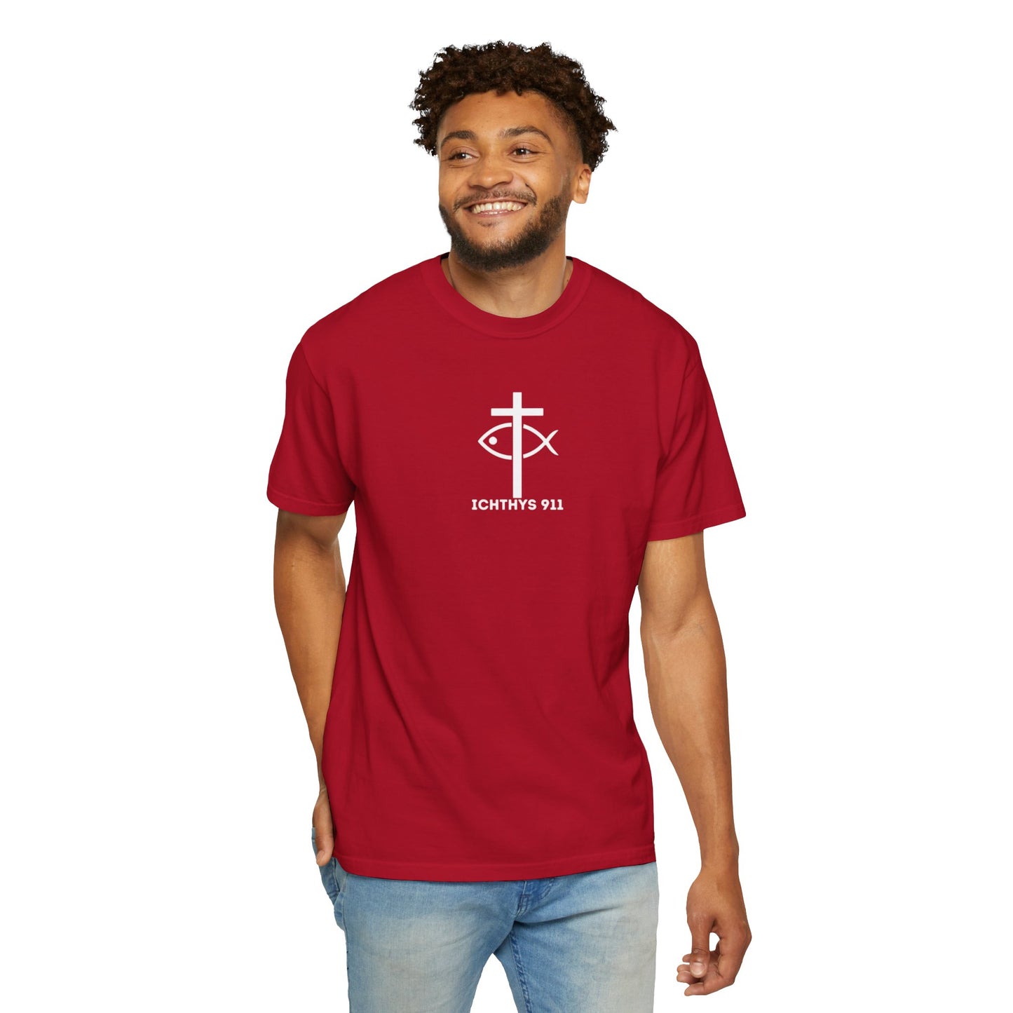ICHTHYS 911 - White Font "Authentic" - Unisex - Men T-Shirt - Women T-Shirt - Christian Streetwear T-Shirt - Jesus Gym & Faith Fashion, Unisex Garment-Dyed T-Shirt