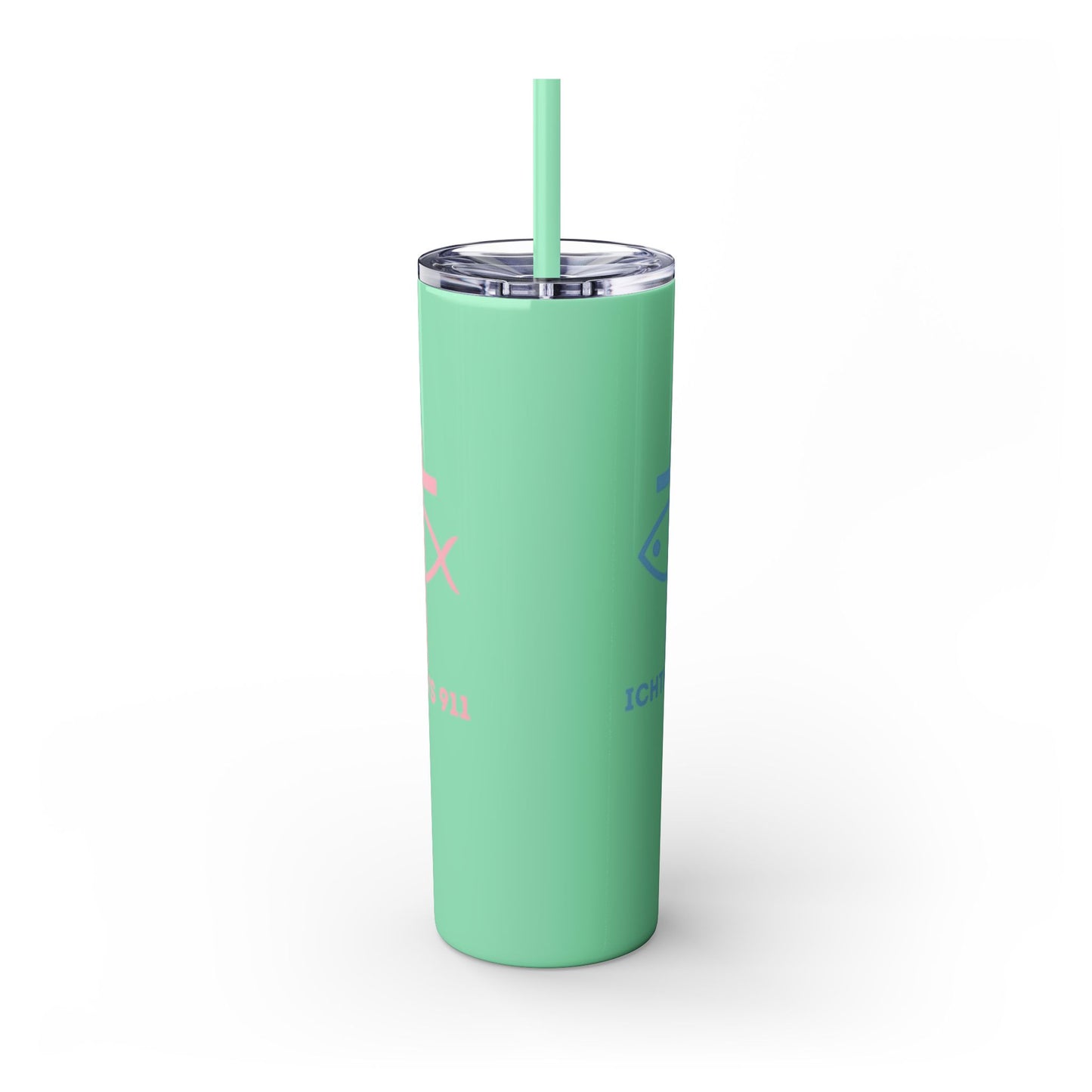 ICHTHYS 911 Pink & Blue Faith-Inspired Skinny Tumbler with Straw - 20oz Baby Shower Drip - Party Favor