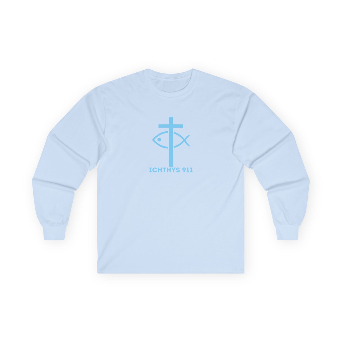Strength Through Christ Philippians 4:13 - Blue Font - Unisex Shirt - Men - Women - Christian Activewear - Wear Your Faith Long Sleeve Tee - ICHTHYS 911