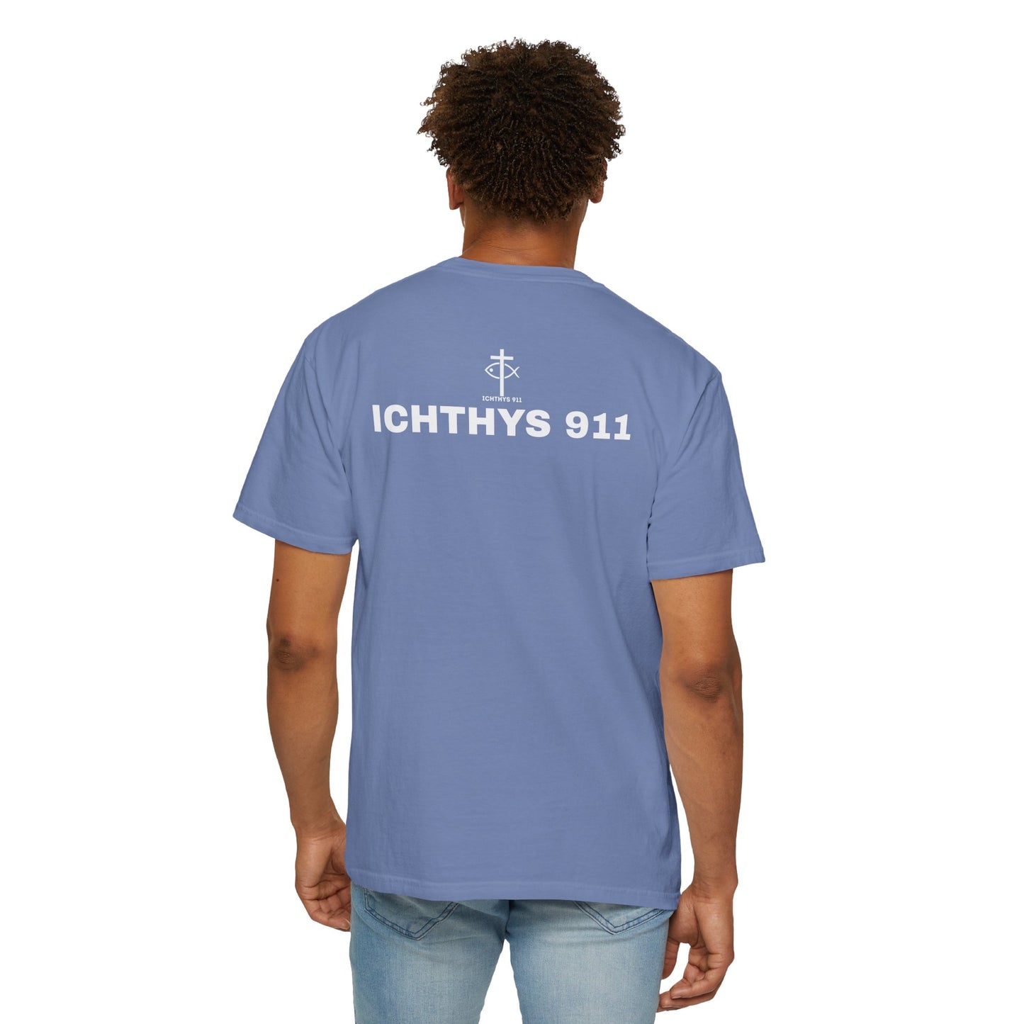 ICHTHYS 911 - White Font "Authentic" - Christian Streetwear T-Shirt – Unisex - Women T-Shirt - Men T-Shirt - Jesus Gym & Faith Fashion, Unisex Garment-Dyed T-Shirt