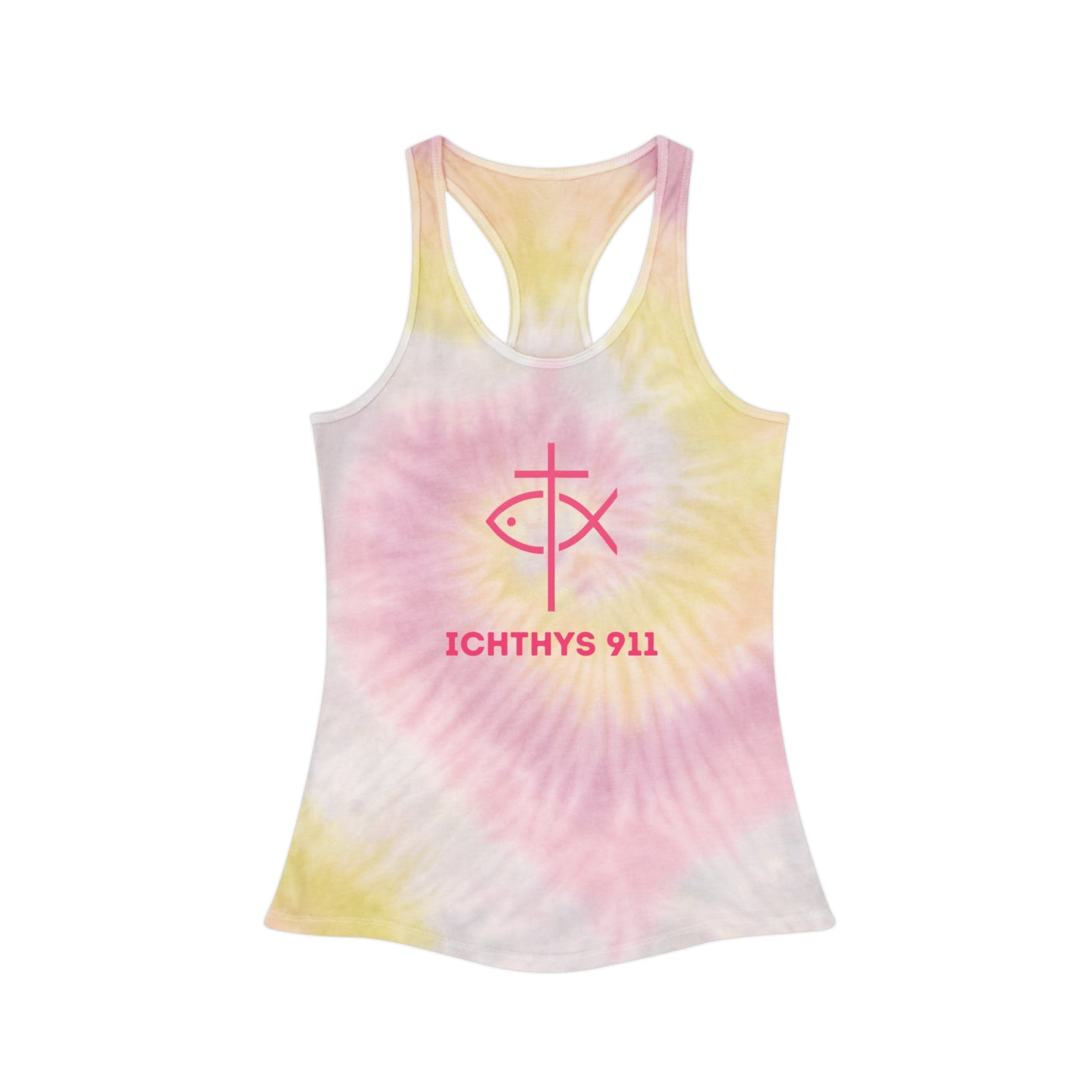 ICHTHYS 911 Tie Dye Racerback Tank Top – Chill Summer Vibes for Faithful Living - Wear Your Christian Faith