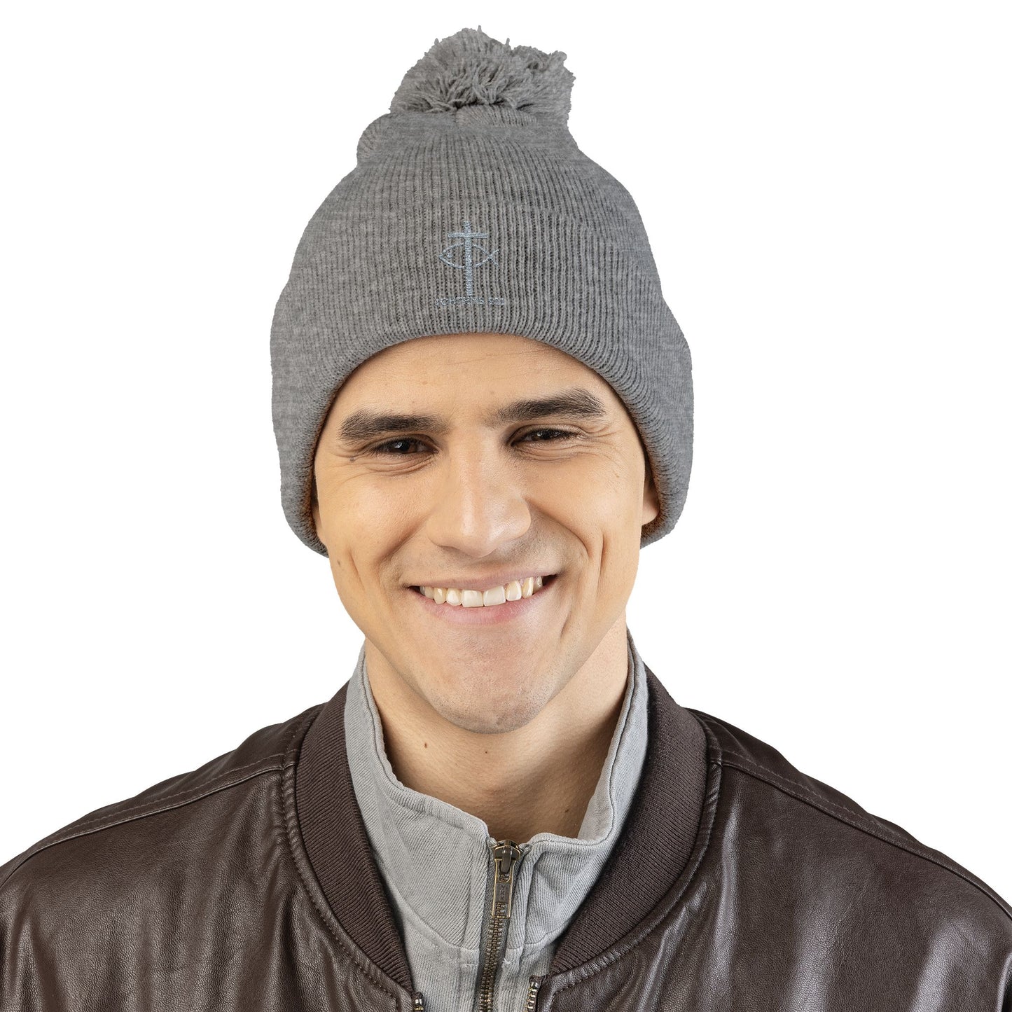 Cozy Pom-Pom Knit Cap | Winter Accessory with Embroidery - Christian Faith Wear - ICHTHYS 911 Design