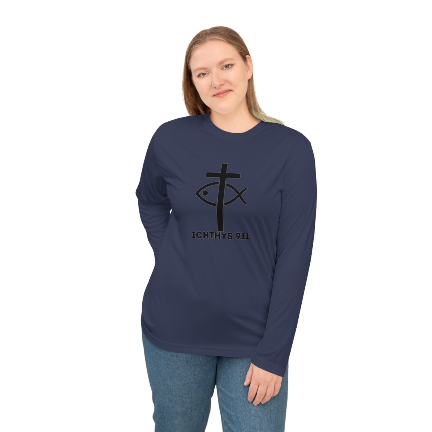 Iēsous Christos, Theou Yios, Sōtēr = Jesus Christ, Son of God, Savior - Unisex Performance Long Sleeve Shirt - ICHTHYS 911 Christian Activewear