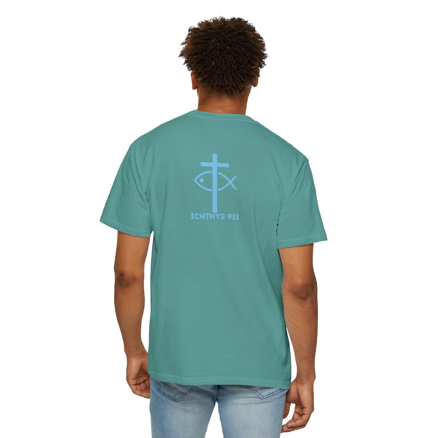 ICHTHYS 911 Blue Font "Iēsous Christos, Theou Yios, Sōtēr" - Reverse - Collection - Unisex - Christian Graphic Tee - Gym - T - Christian Faith - Jesus Wear - Women T-Shirt - Men T-Shirt