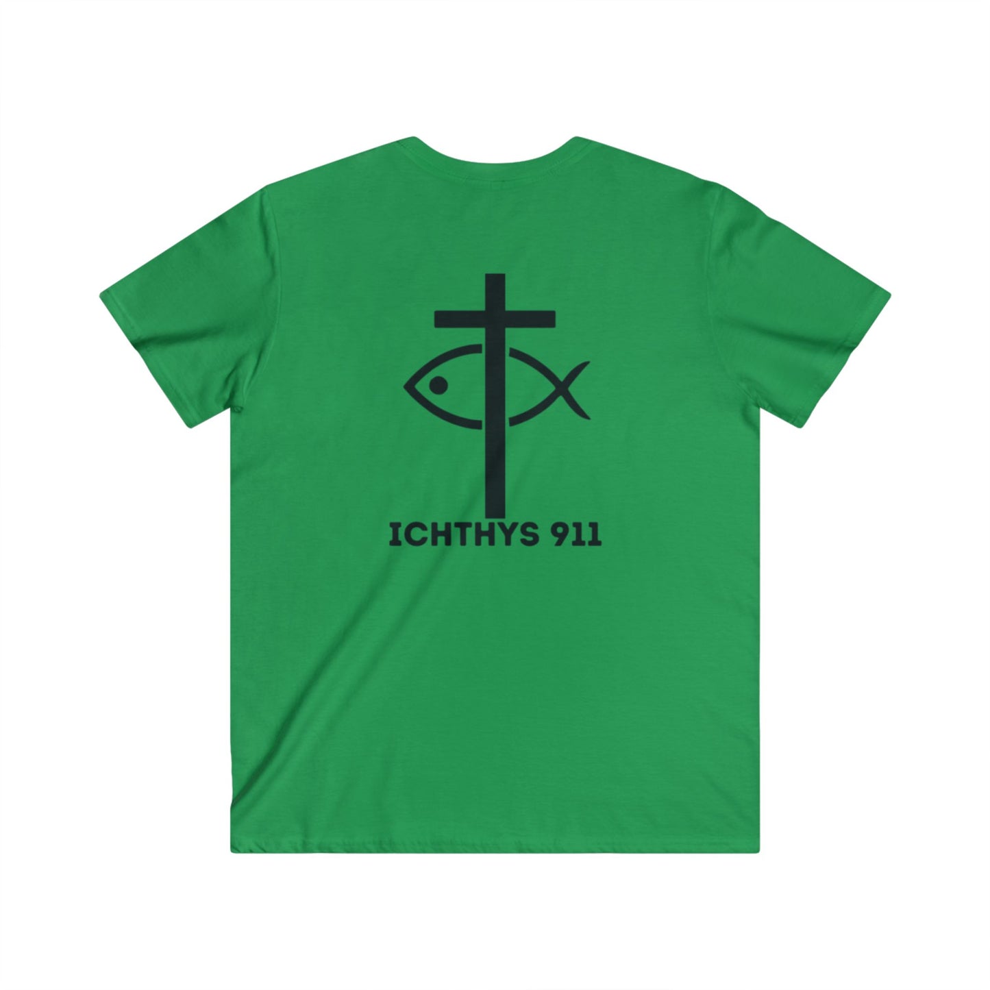 ICHTHYS 911 - Jesus Christ - Son of God - Savior Collection - Men's Fitted V-Neck Short Sleeve T - Shirt - Faith-Inspired - Christian Faith - Black Font