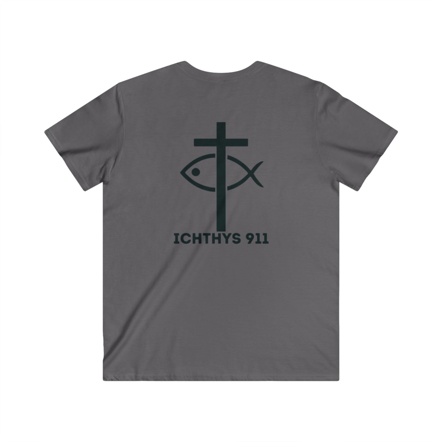 ICHTHYS 911 - Jesus Christ - Son of God - Savior Collection - Men's Fitted V-Neck Short Sleeve T - Shirt - Faith-Inspired - Christian Faith - Black Font
