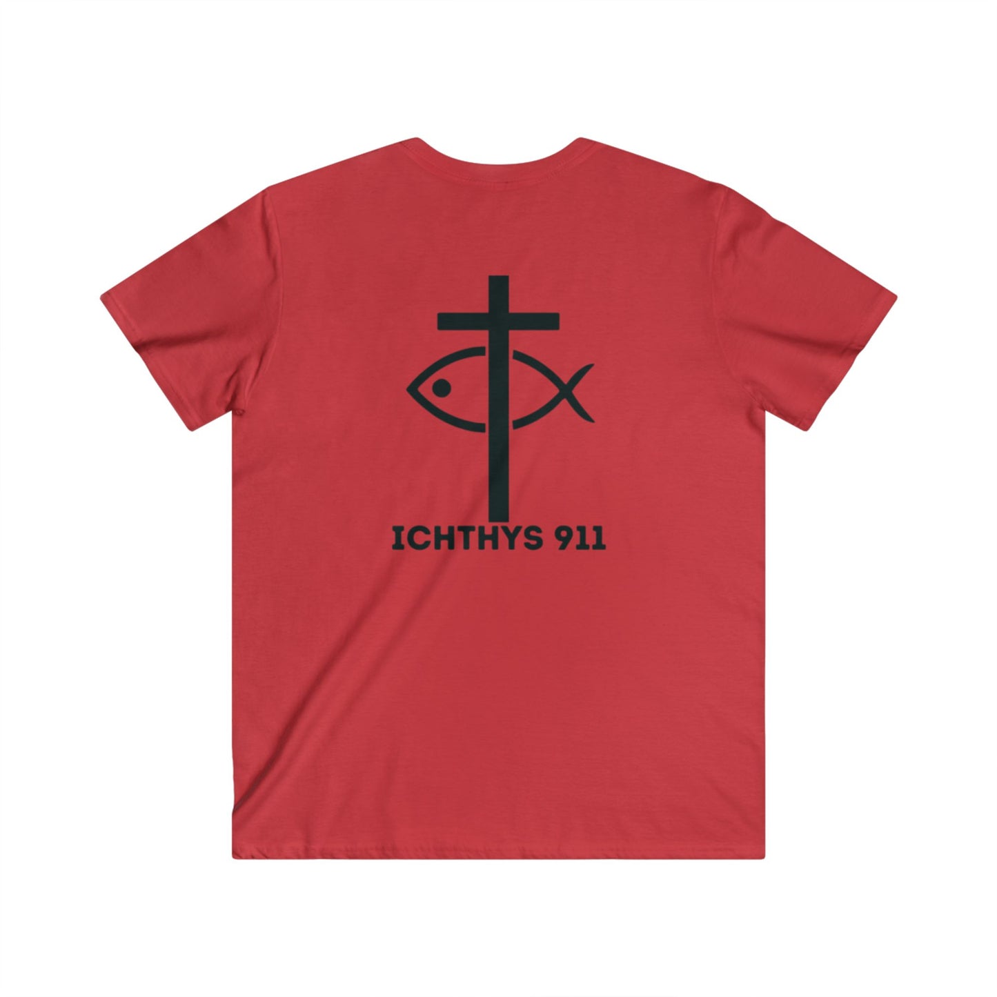 ICHTHYS 911 - Jesus Christ - Son of God - Savior Collection - Men's Fitted V-Neck Short Sleeve T - Shirt - Faith-Inspired - Christian Faith - Black Font