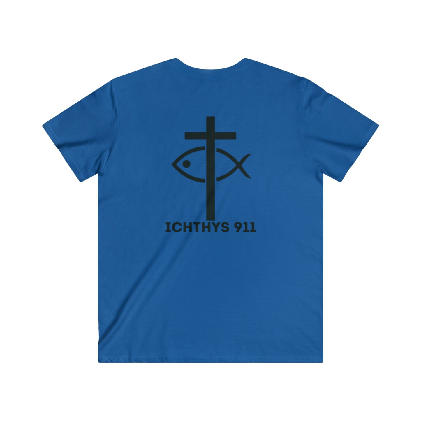 ICHTHYS 911 - Jesus Christ - Son of God - Savior Collection - Men's Fitted V-Neck Short Sleeve T - Shirt - Faith-Inspired - Christian Faith - Black Font