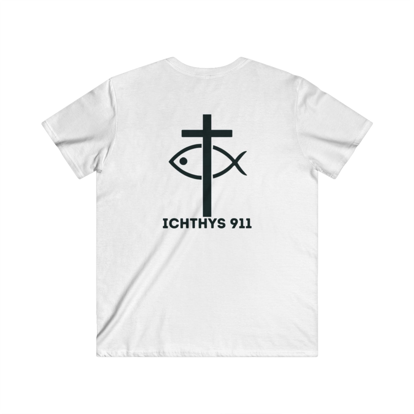 ICHTHYS 911 - Jesus Christ - Son of God - Savior Collection - Men's Fitted V-Neck Short Sleeve T - Shirt - Faith-Inspired - Christian Faith - Black Font