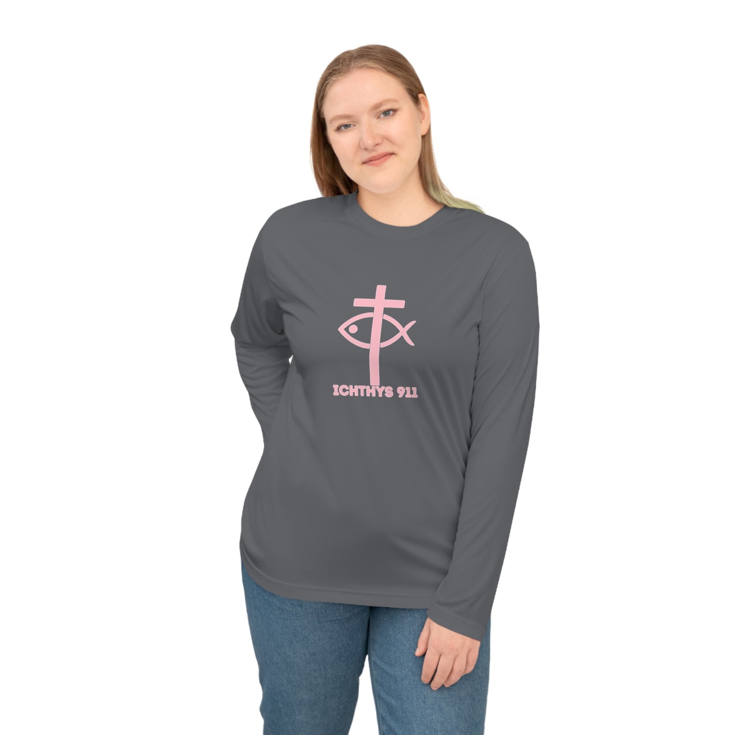 ICHTHYS 911 "Faith & Strength" - Unisex Performance Long Sleeve- Christian Activewear - Men - Women - 100% Moisture-Wicking Poly - UPF30+ Sun Protection